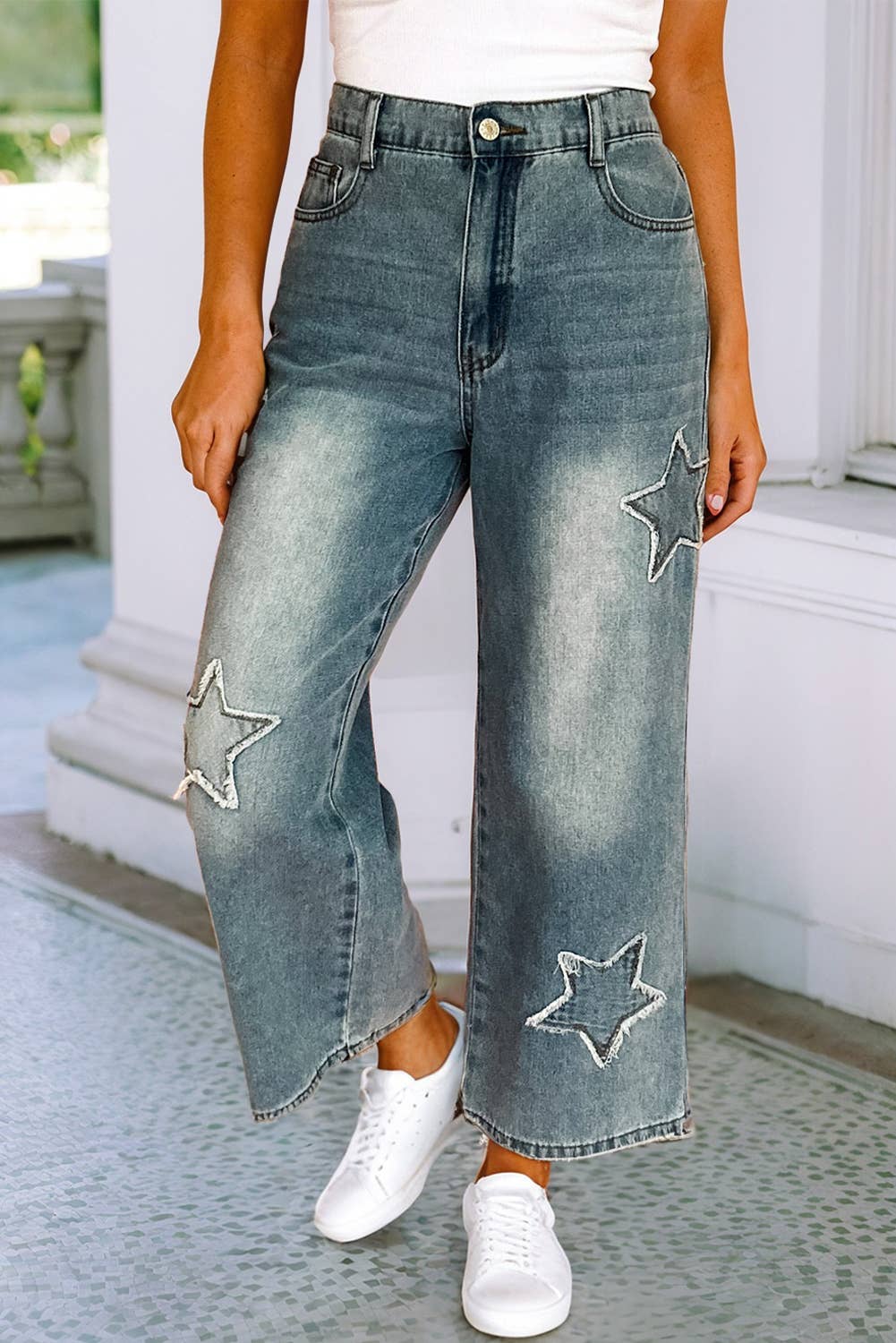 Star Patchwork Light Wash Wide Leg High Waist Jeans