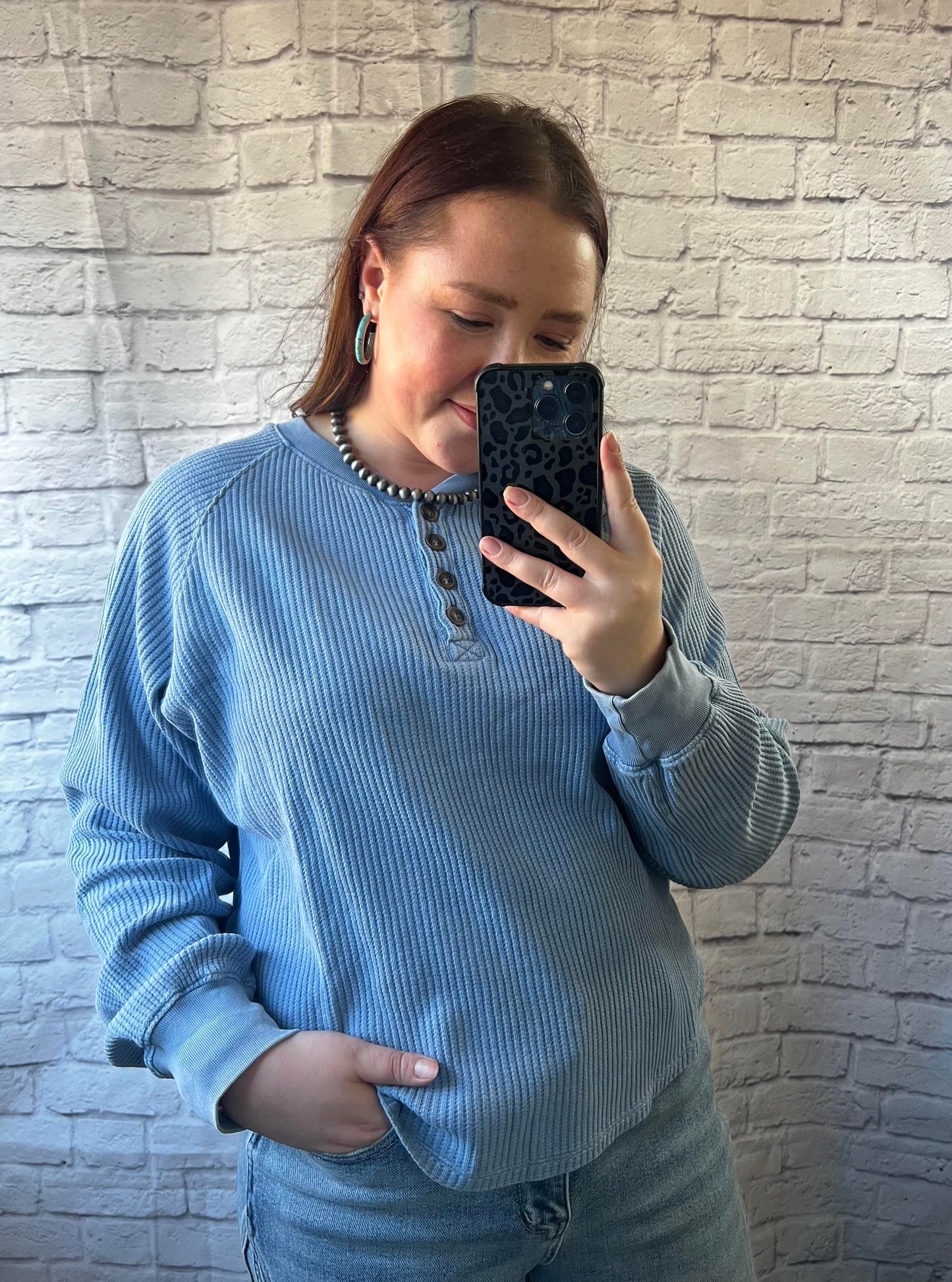 Blue - Henley - Ribbed