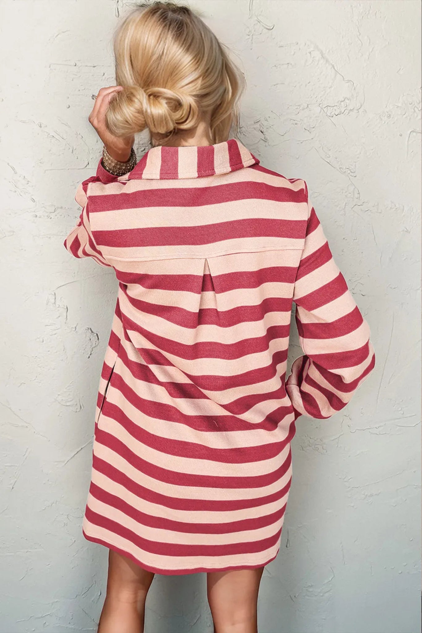 Mauve and cream striped mini dress with collared V-neck, long sleeves, relaxed fit, and soft lightweight fabric for casual everyday wear