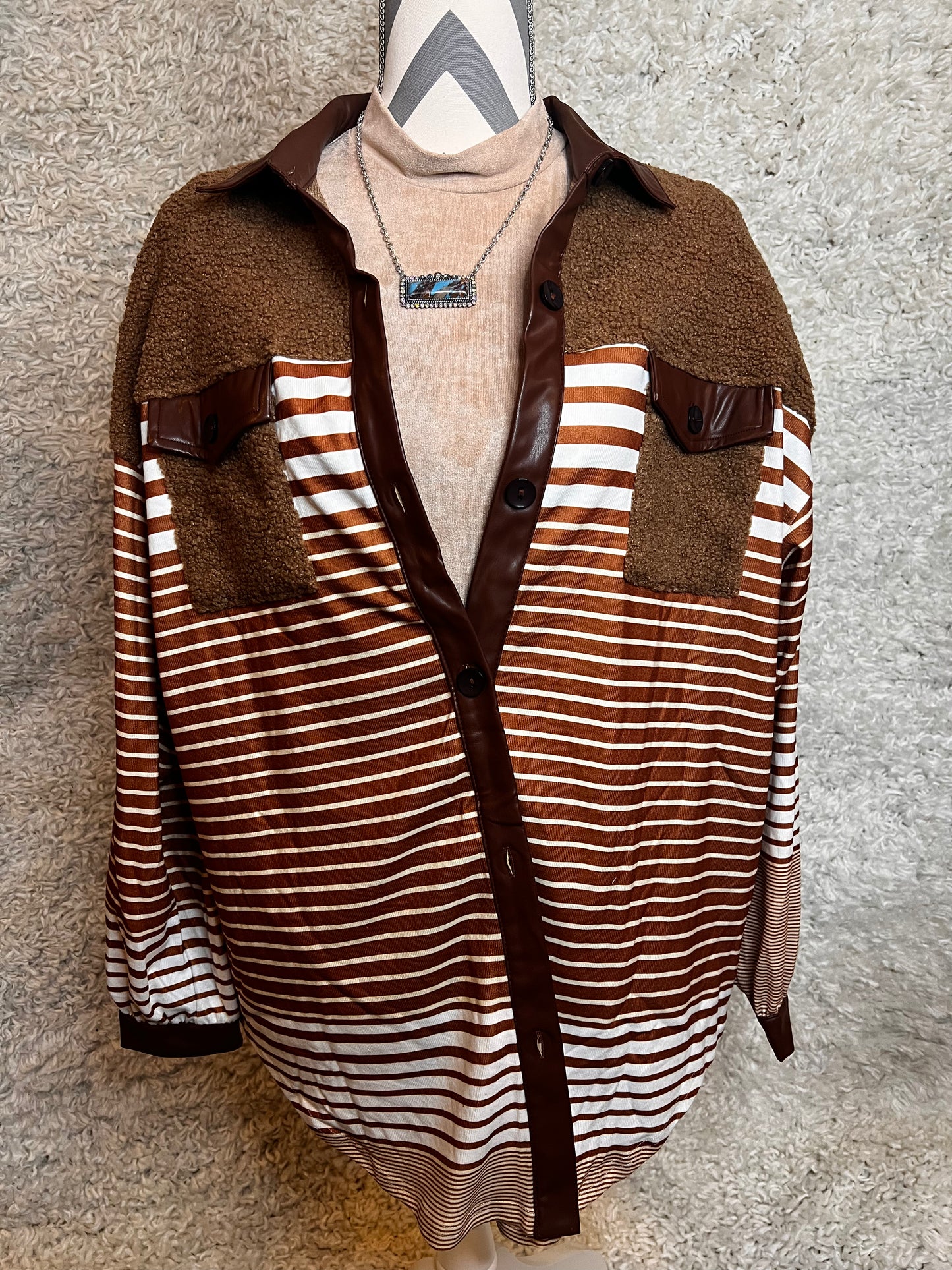 Khaki Faux Leather and Sherpa Striped Shacket - The Vintage Turquoise - Western Fashion - Women's Clothing