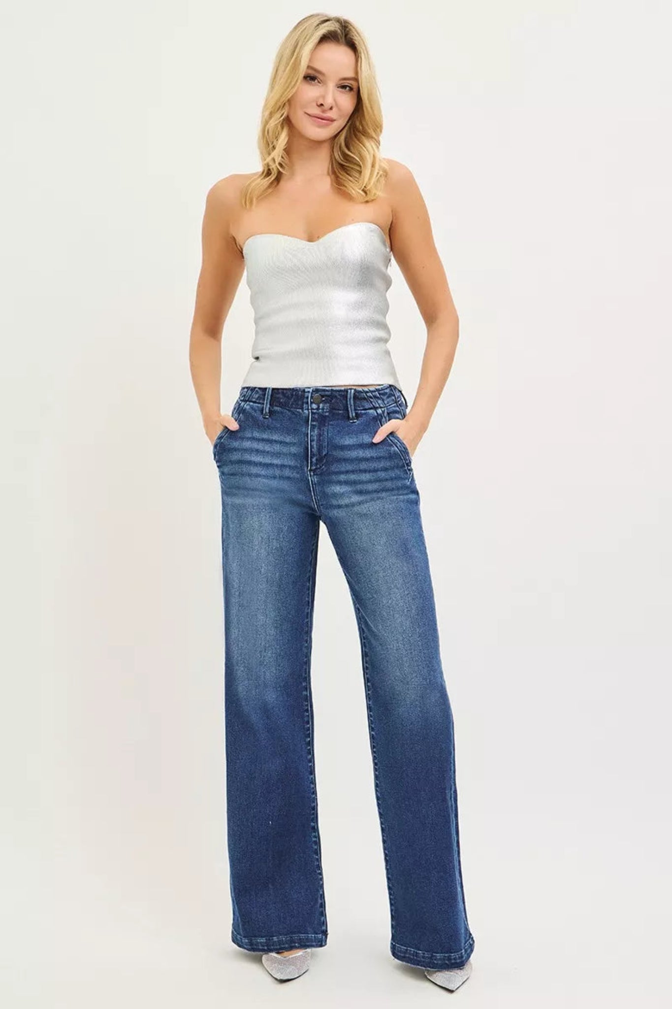 Boutique wide leg high rise blue denim jeans with straight leg fit and full length cut