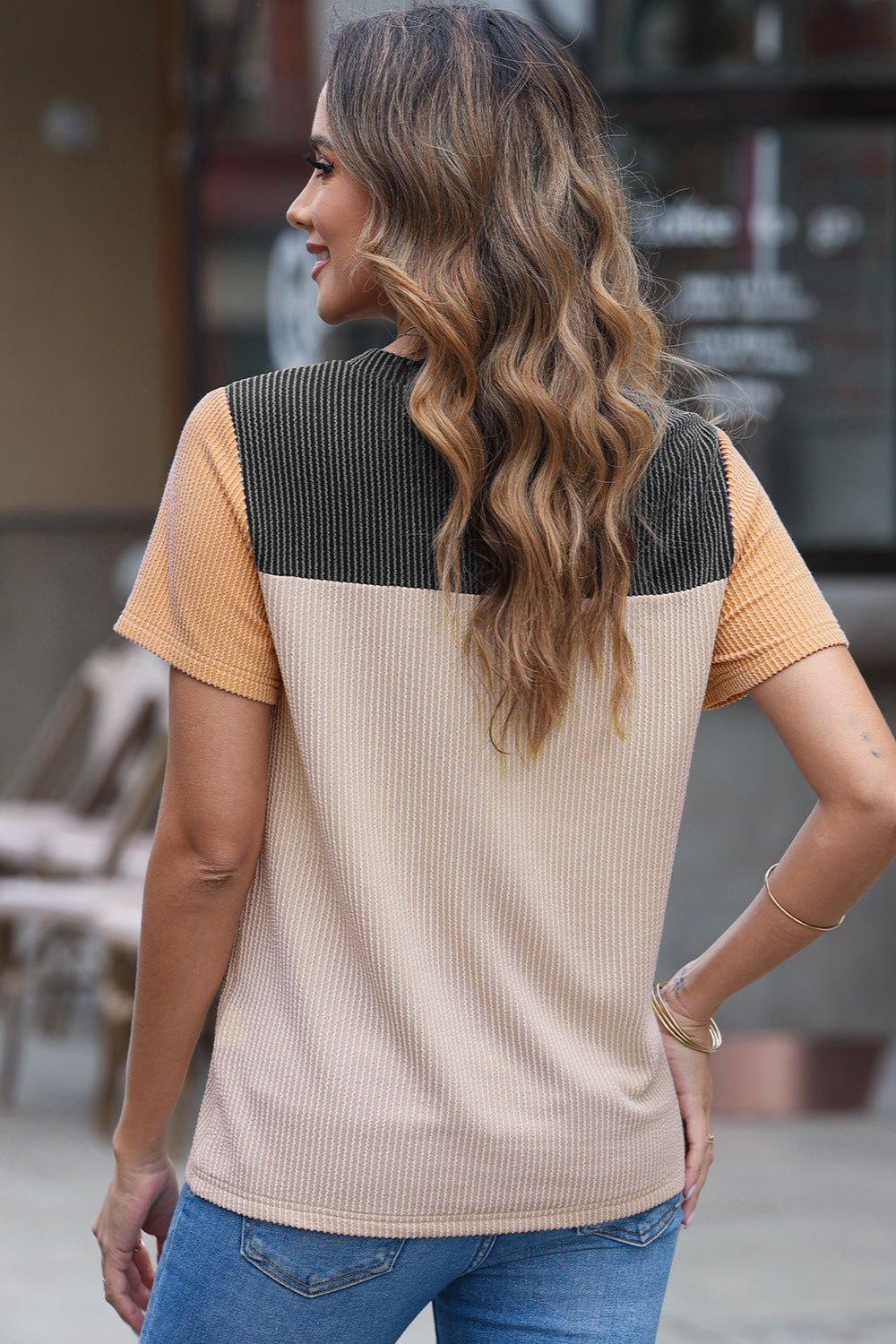 Color Block Round Neck Short Sleeve T-Shirt - Mixed Colors - Black- Tan- Orange- The Vintage Turquoise - Western Fashion - Women's Clothing