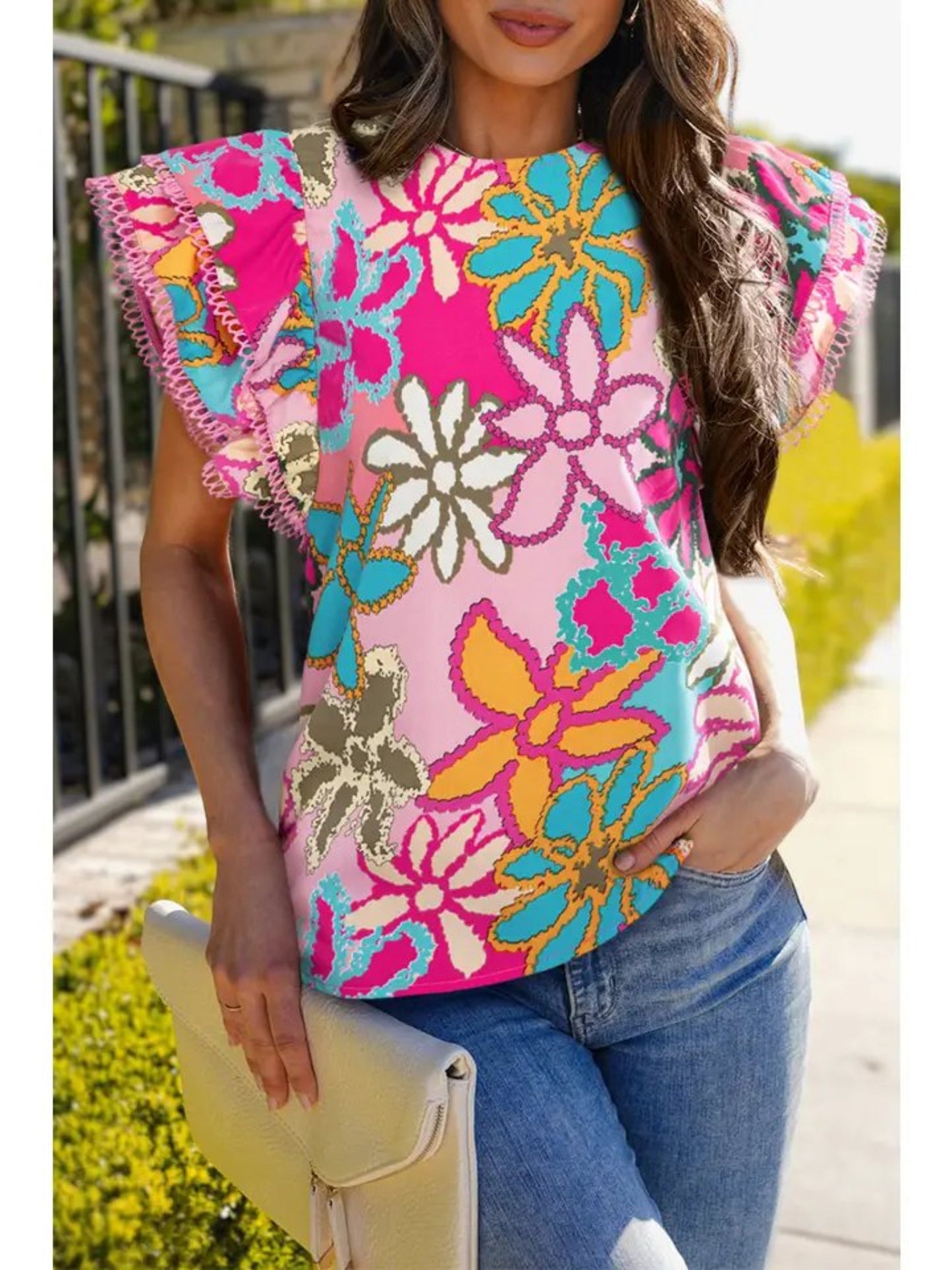 Floral Ruffle Sleeve Blouse - The Vintage Turquoise - Western Fashion - Women's Clothing