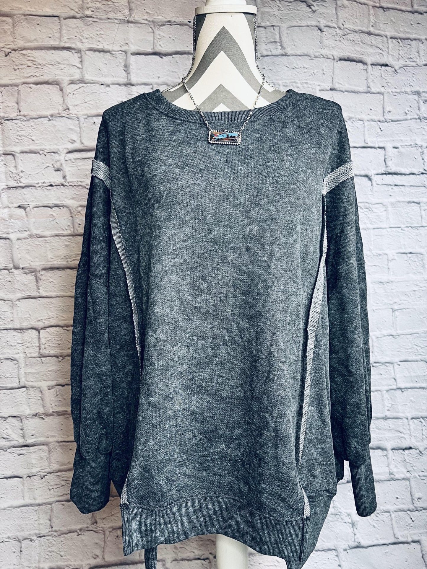 Gray Expose Seamed Acid Washed Sweatshirt - The Vintage Turquoise - Western Fashion - Women's Clothing