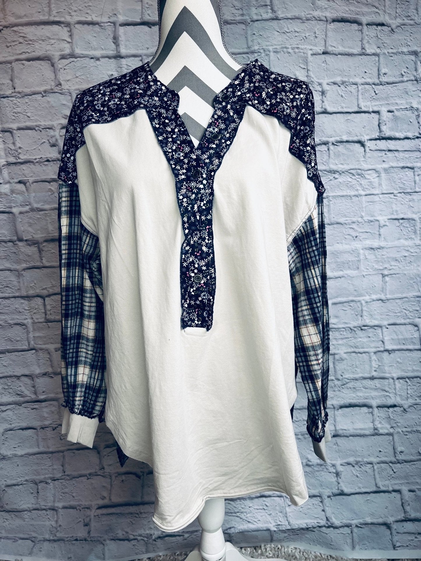 Mixed Print Half Button Pullover - Blue - Cream - The Vintage Turquoise - Western Fashion - Women's Clothing