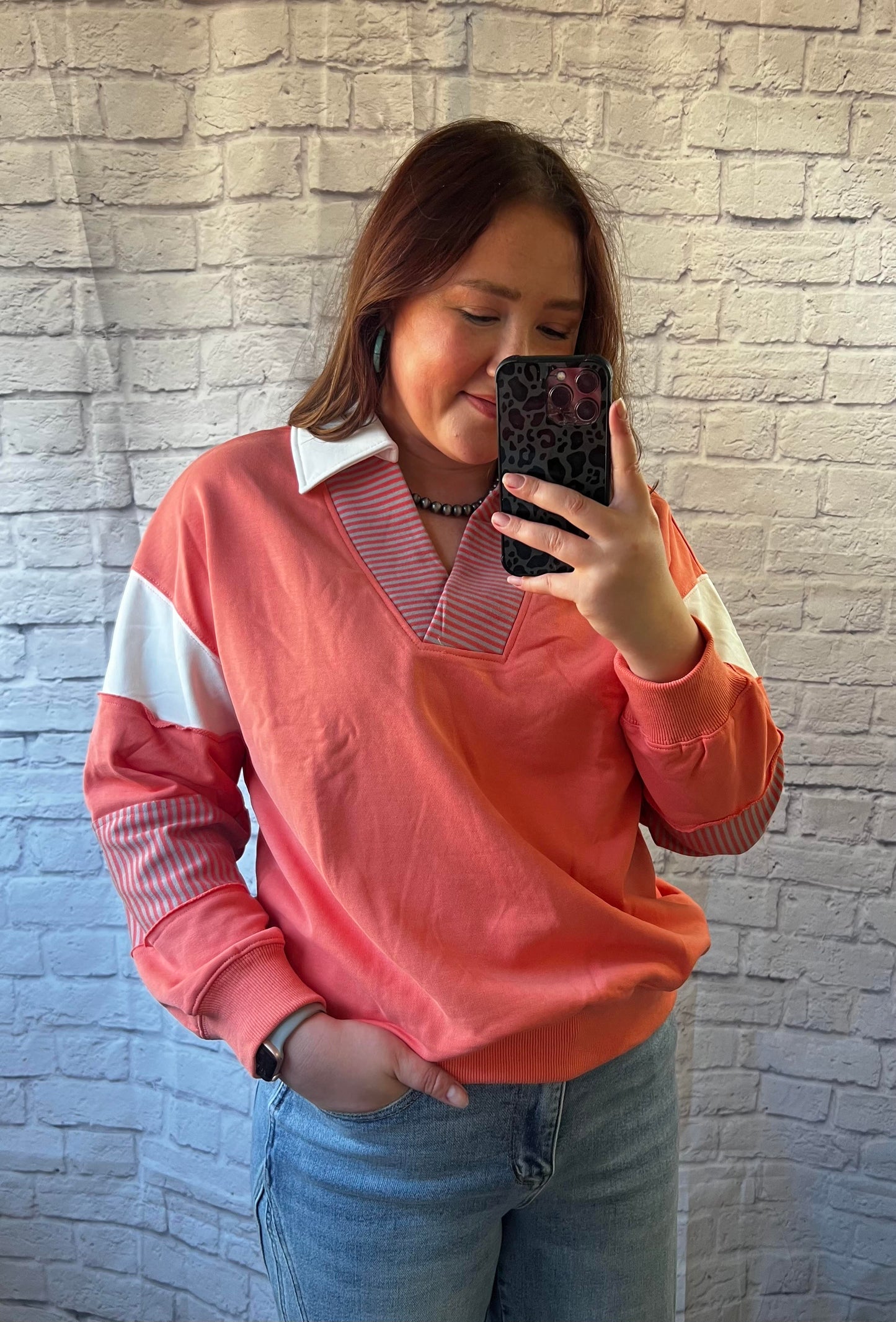 peach - white- strips - collar - sweatshirt