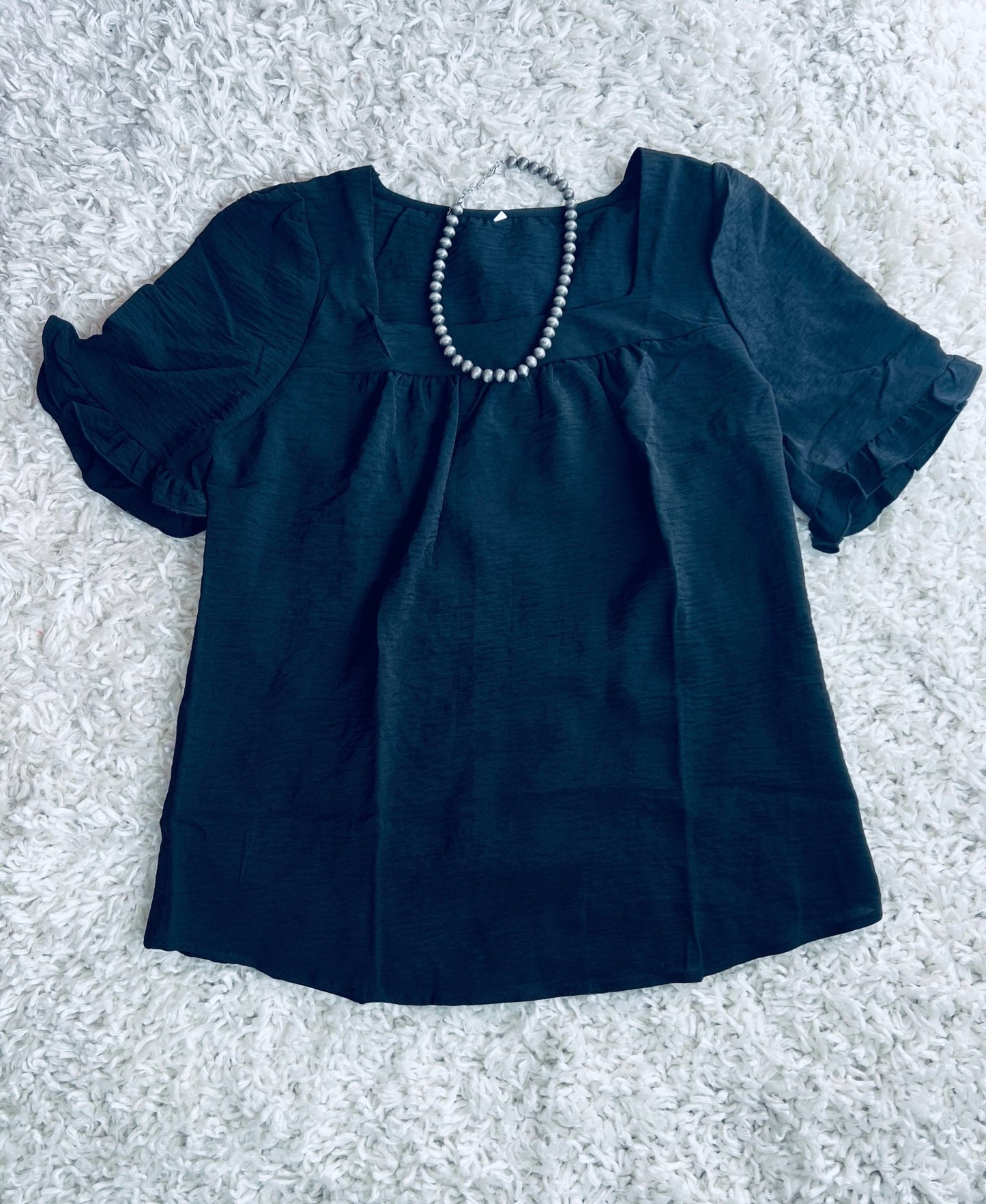 Pleated Short - Sleeved Top - Square Neck - Black - The Vintage Turquoise - Western Fashion - Women's Clothing