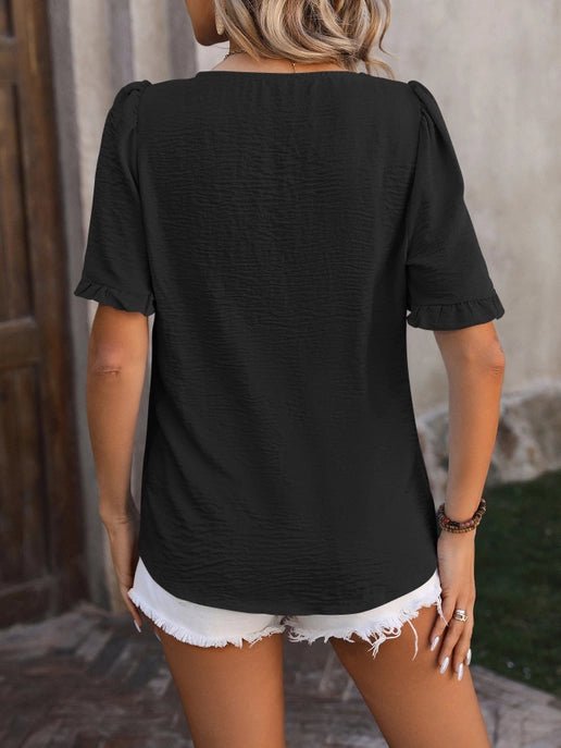 Pleated Short - Sleeved Top - Square Neck - Black - The Vintage Turquoise - Western Fashion - Women's Clothing