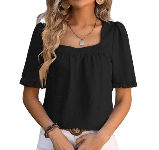 Pleated Short - Sleeved Top - Square Neck - Black - The Vintage Turquoise - Western Fashion - Women's Clothing