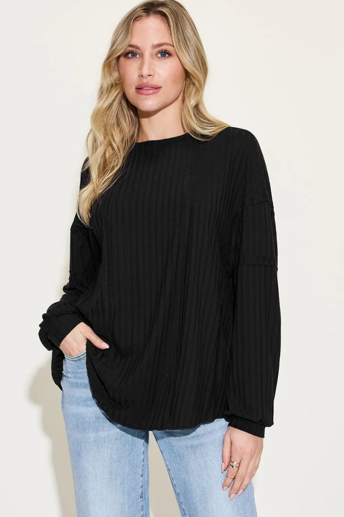 Basic Bae ribbed long sleeve top with relaxed oversized fit and soft lightweight fabric.