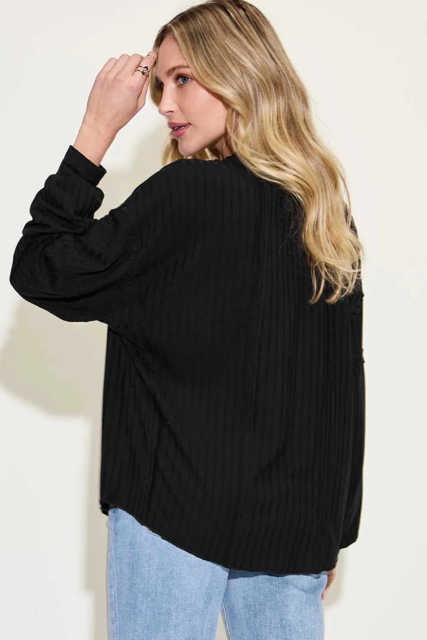 Basic Bae ribbed long sleeve top with relaxed oversized fit and soft lightweight fabric.