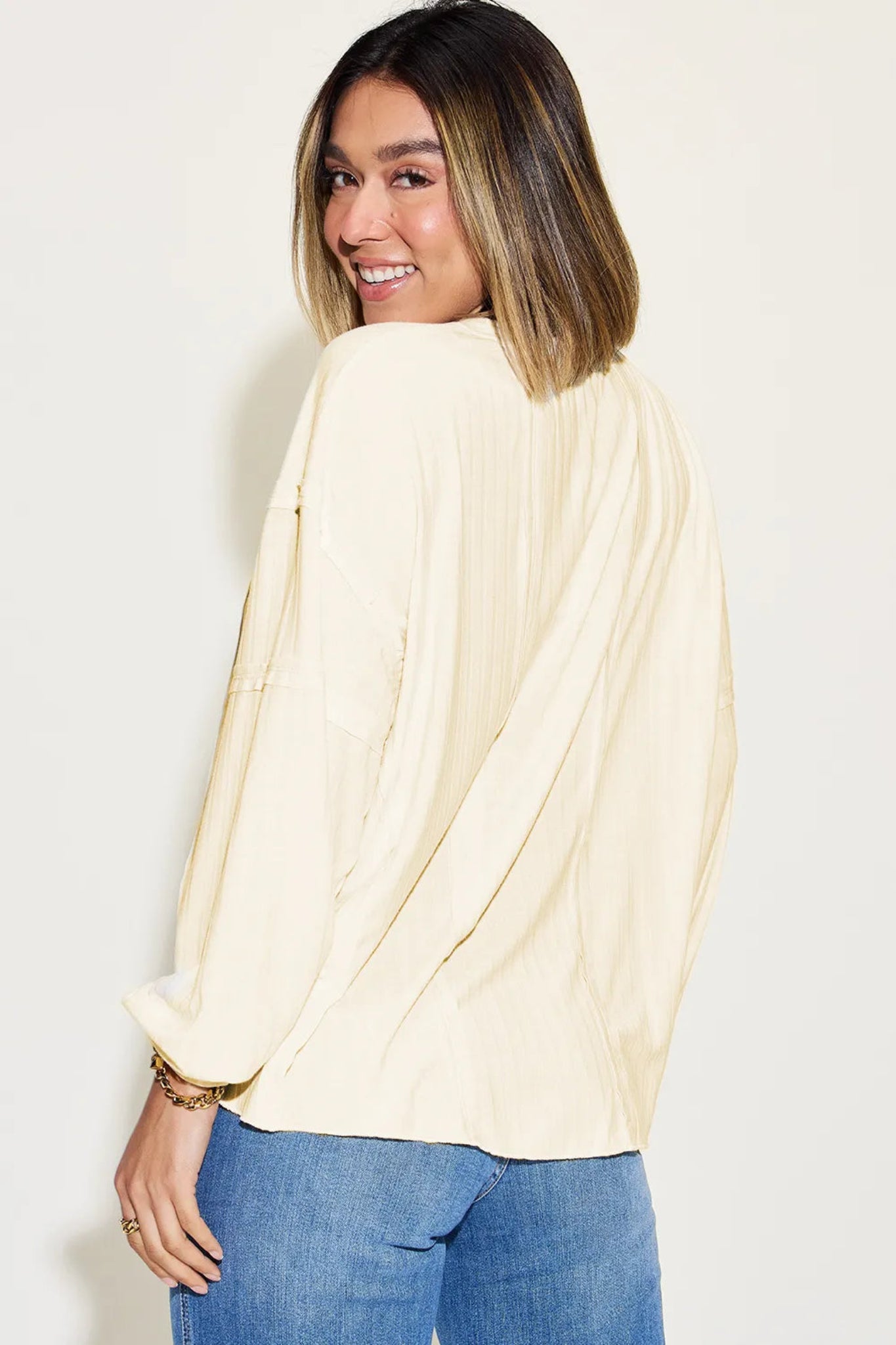 Basic Bae ribbed long sleeve top with relaxed oversized fit and soft lightweight fabric.