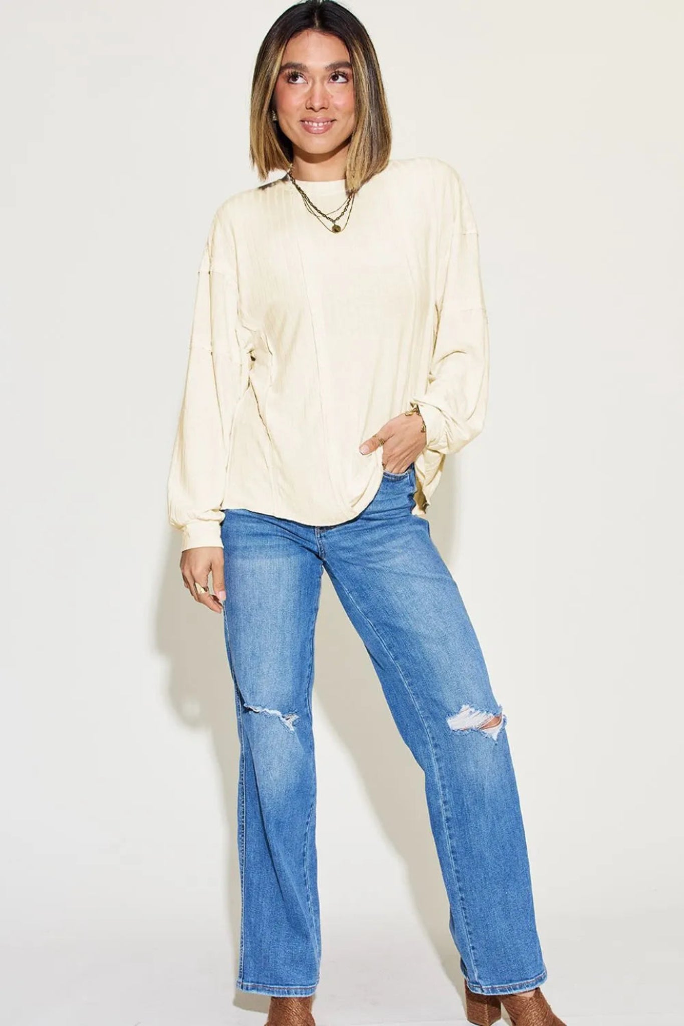 Basic Bae ribbed long sleeve top with relaxed oversized fit and soft lightweight fabric.