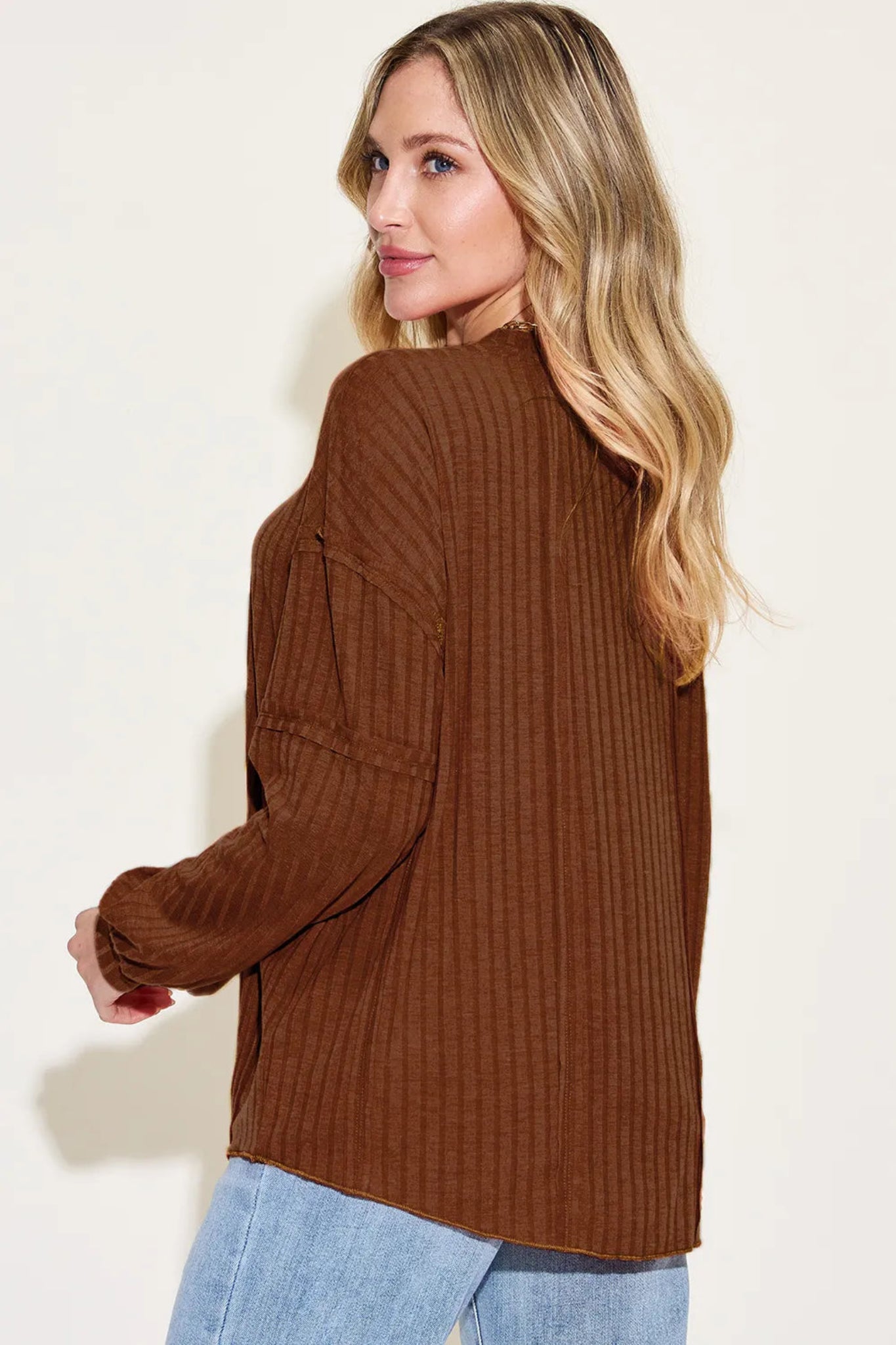 Basic Bae ribbed long sleeve top with relaxed oversized fit and soft lightweight fabric.