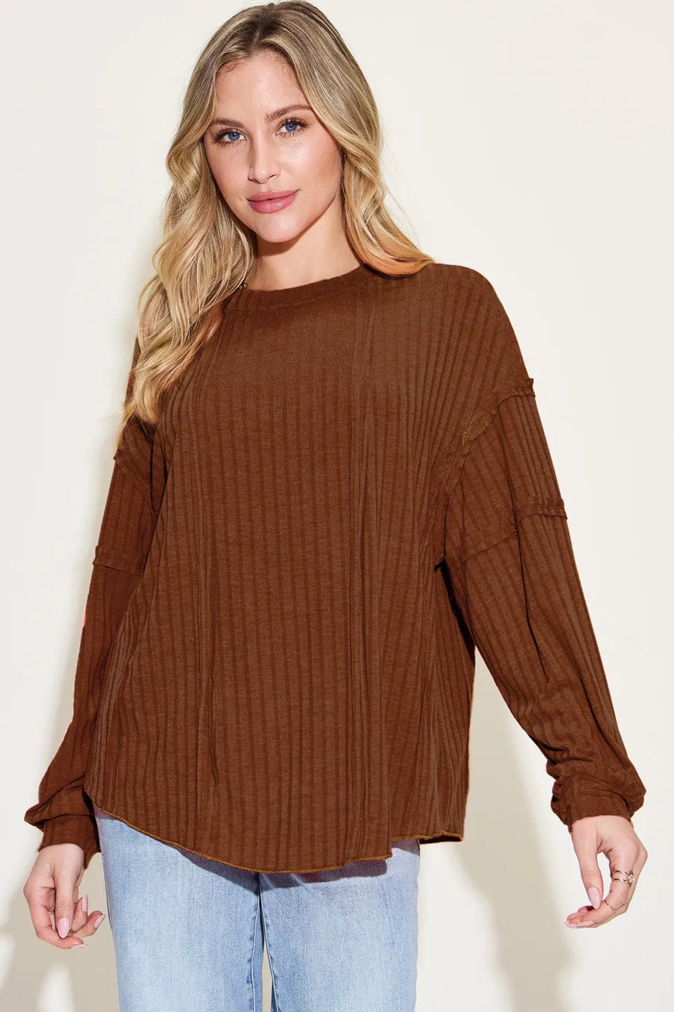 Basic Bae ribbed long sleeve top with relaxed oversized fit and soft lightweight fabric.