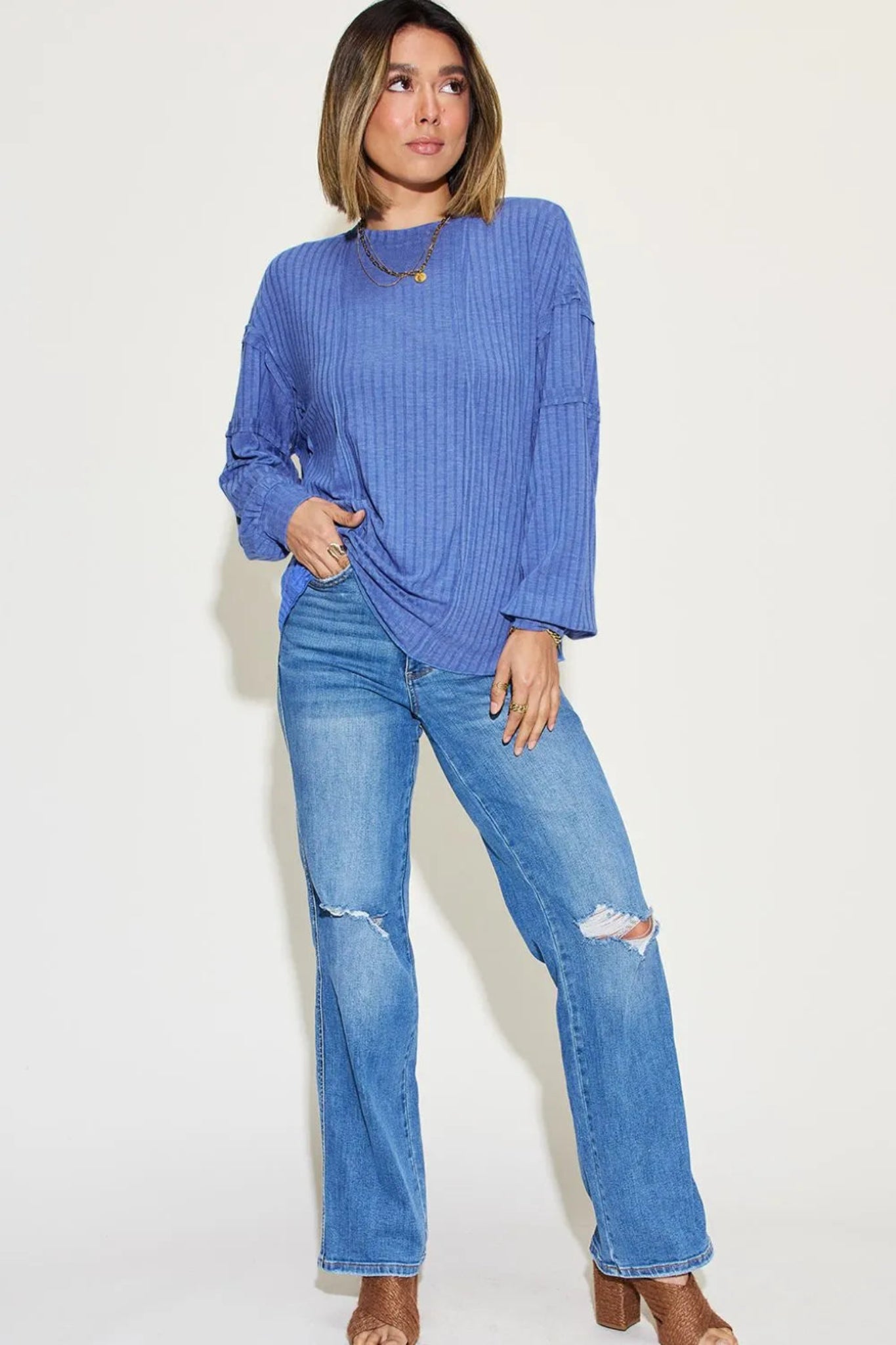 Basic Bae ribbed long sleeve top with relaxed oversized fit and soft lightweight fabric.