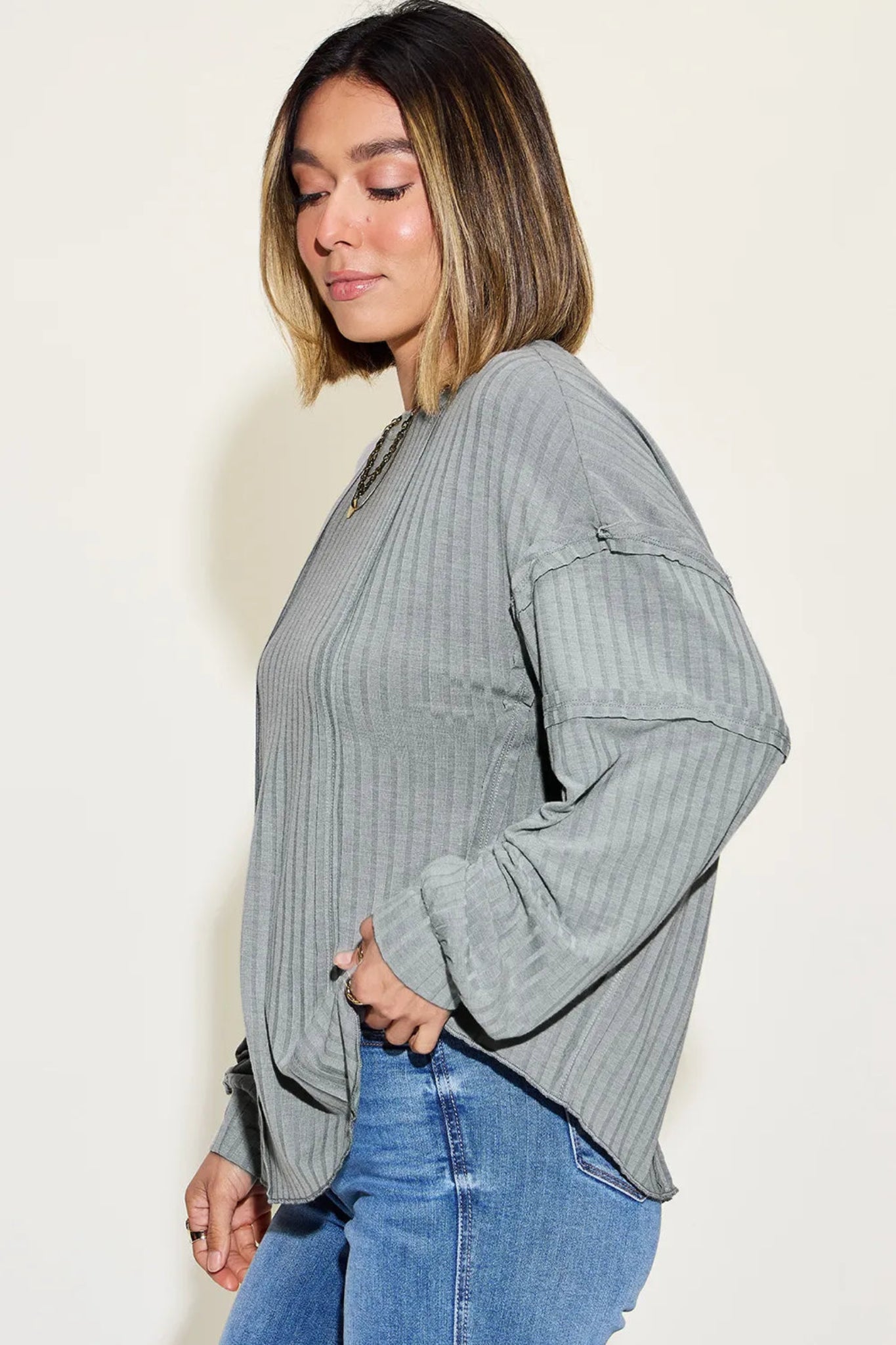 Basic Bae ribbed long sleeve top with relaxed oversized fit and soft lightweight fabric.