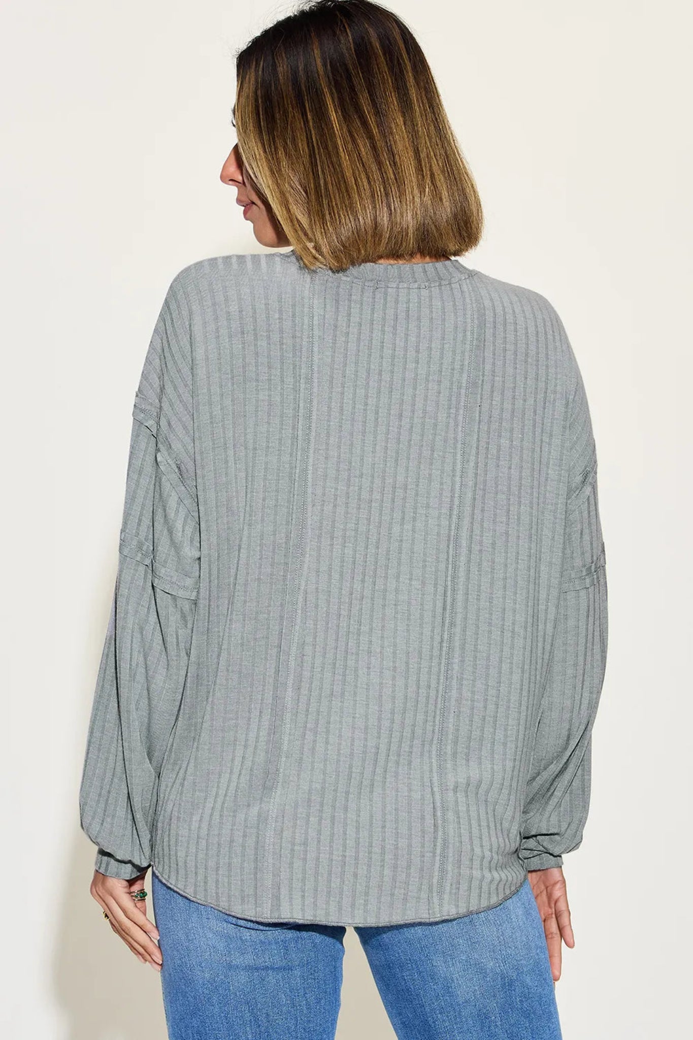 Basic Bae ribbed long sleeve top with relaxed oversized fit and soft lightweight fabric.