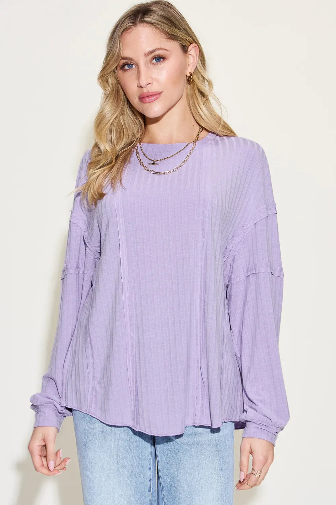 Basic Bae ribbed long sleeve top with relaxed oversized fit and soft lightweight fabric.