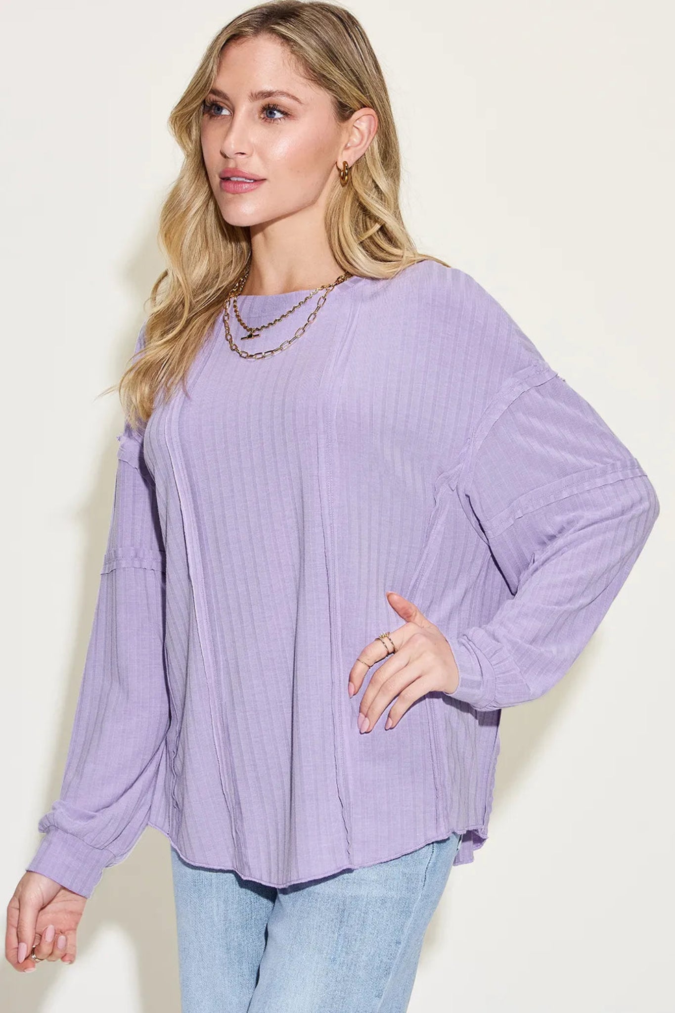 Basic Bae ribbed long sleeve top with relaxed oversized fit and soft lightweight fabric.