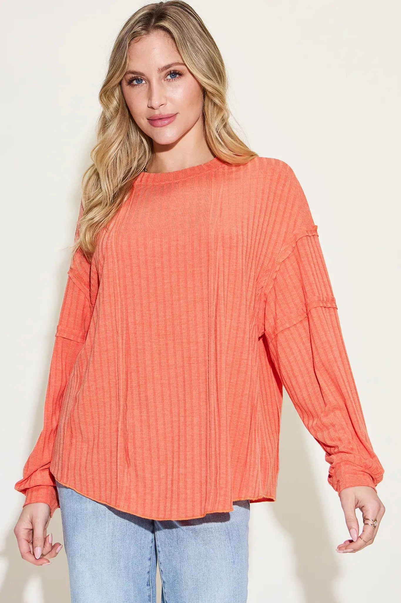 Basic Bae ribbed long sleeve top with relaxed oversized fit and soft lightweight fabric.