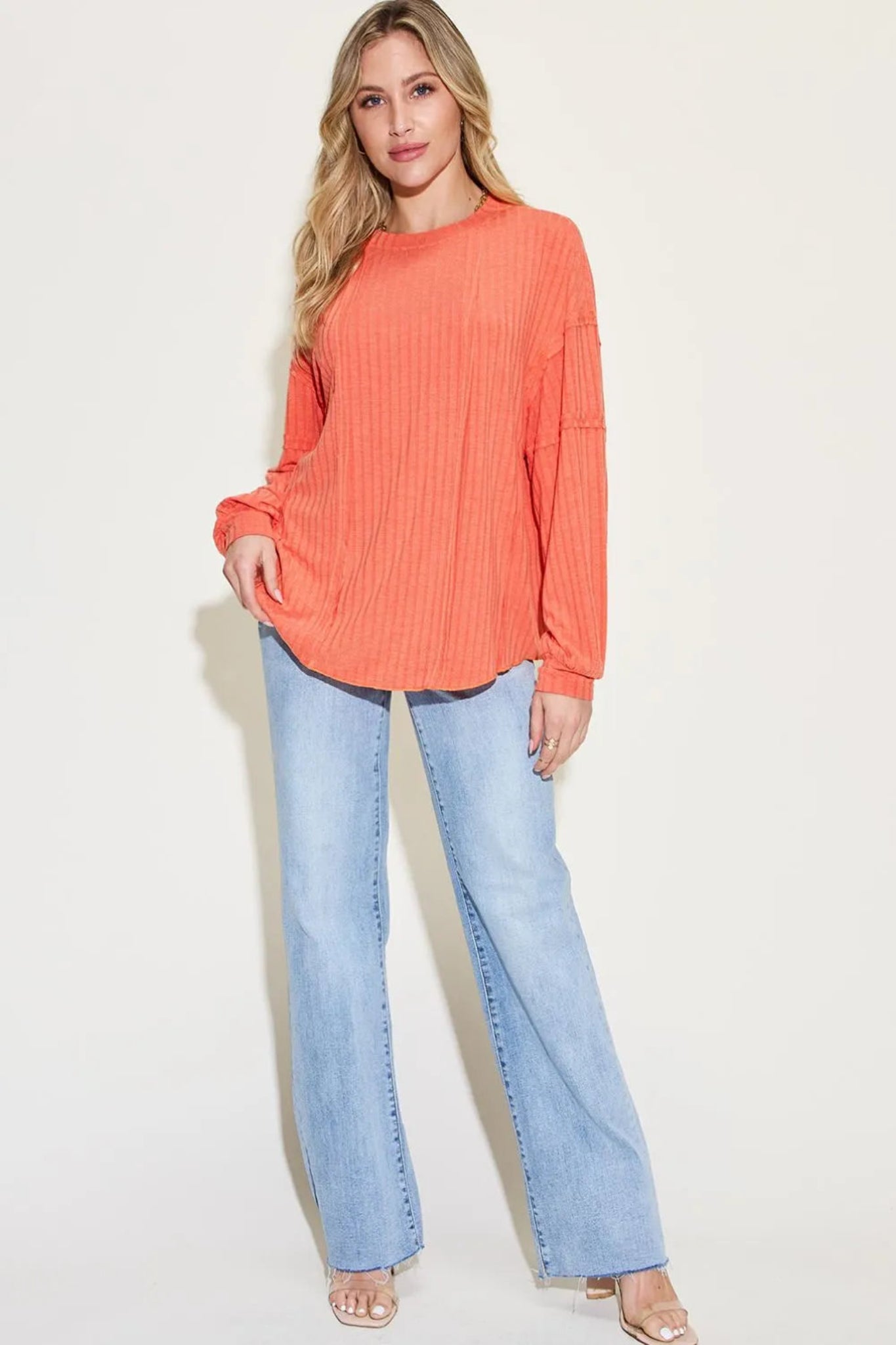 Basic Bae ribbed long sleeve top with relaxed oversized fit and soft lightweight fabric.