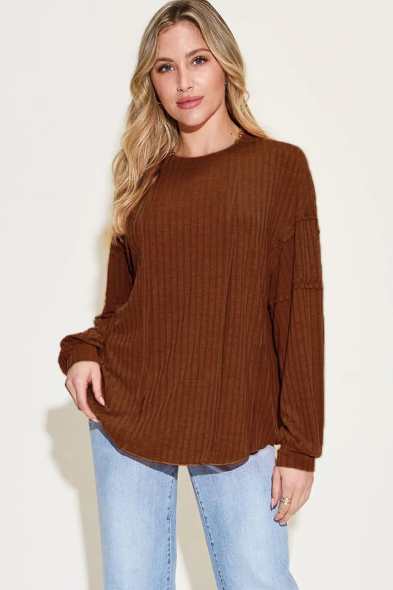 Basic Bae ribbed long sleeve top with relaxed oversized fit and soft lightweight fabric.