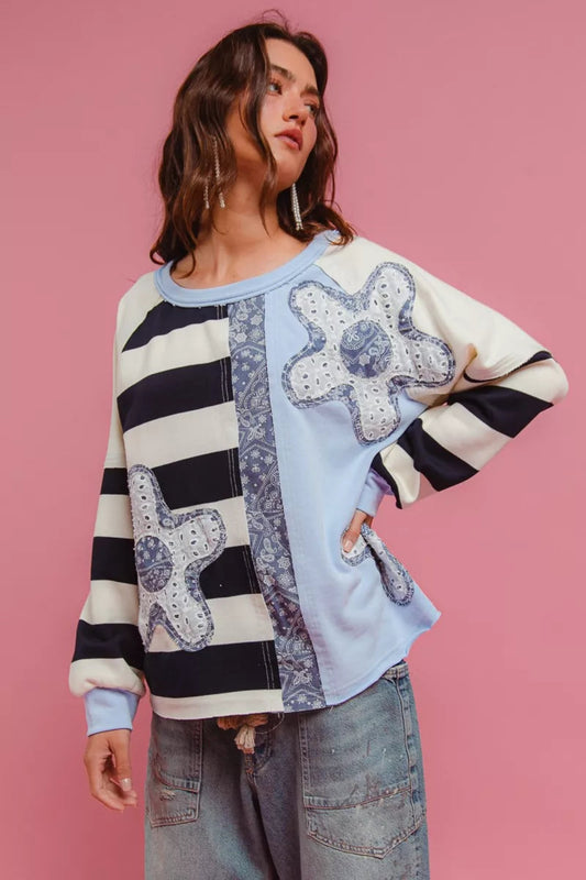 BiBi patchwork long sleeve top with mixed prints, color block design, and relaxed oversized fit.