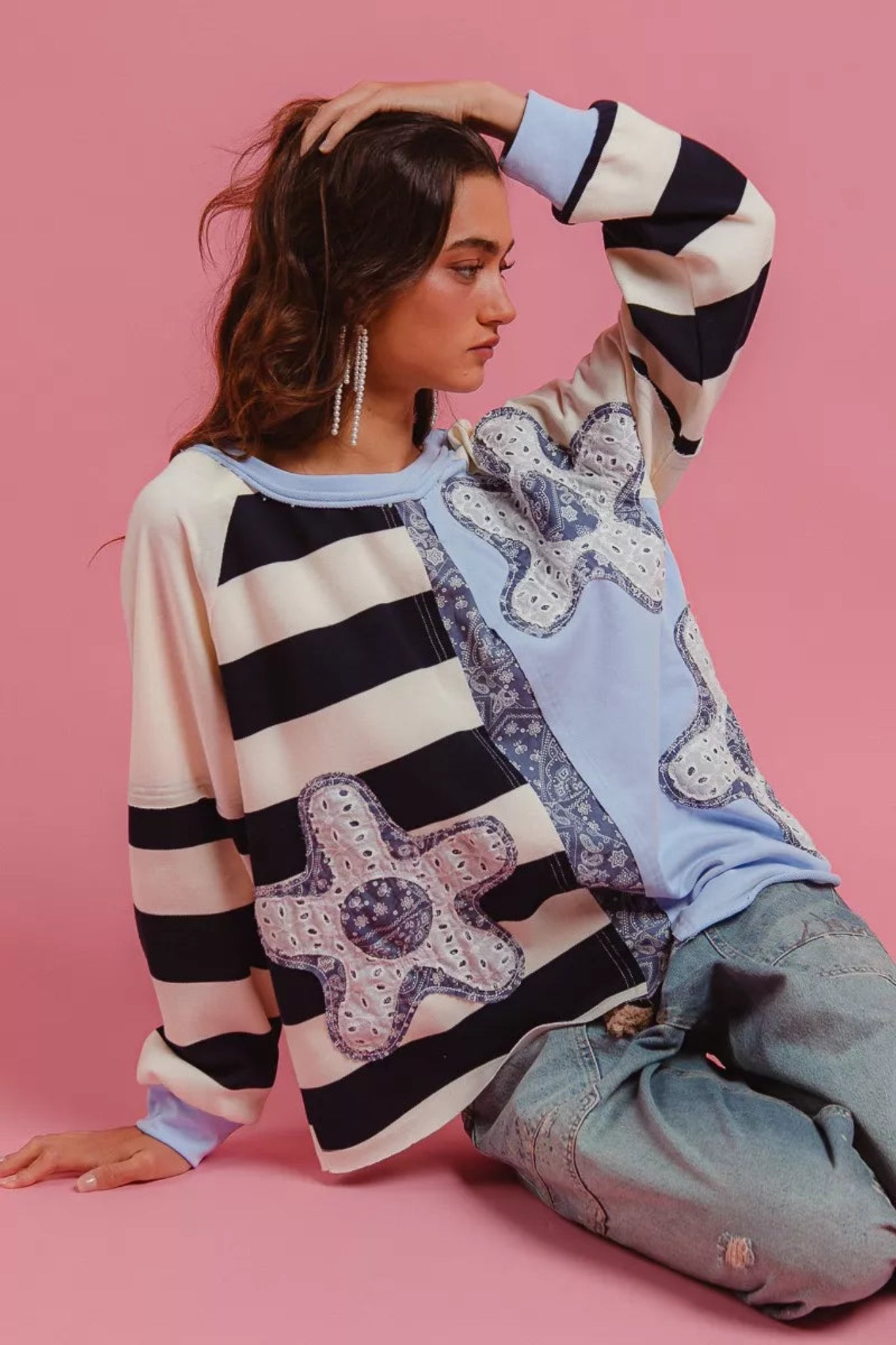 BiBi patchwork long sleeve top with mixed prints, color block design, and relaxed oversized fit.