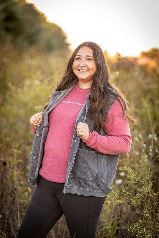 God Bless Farmers Hoodie with a black denim vest