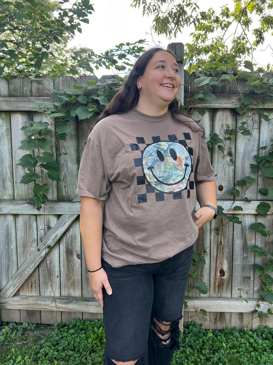 camo smiley face checkered brown t-shirt
