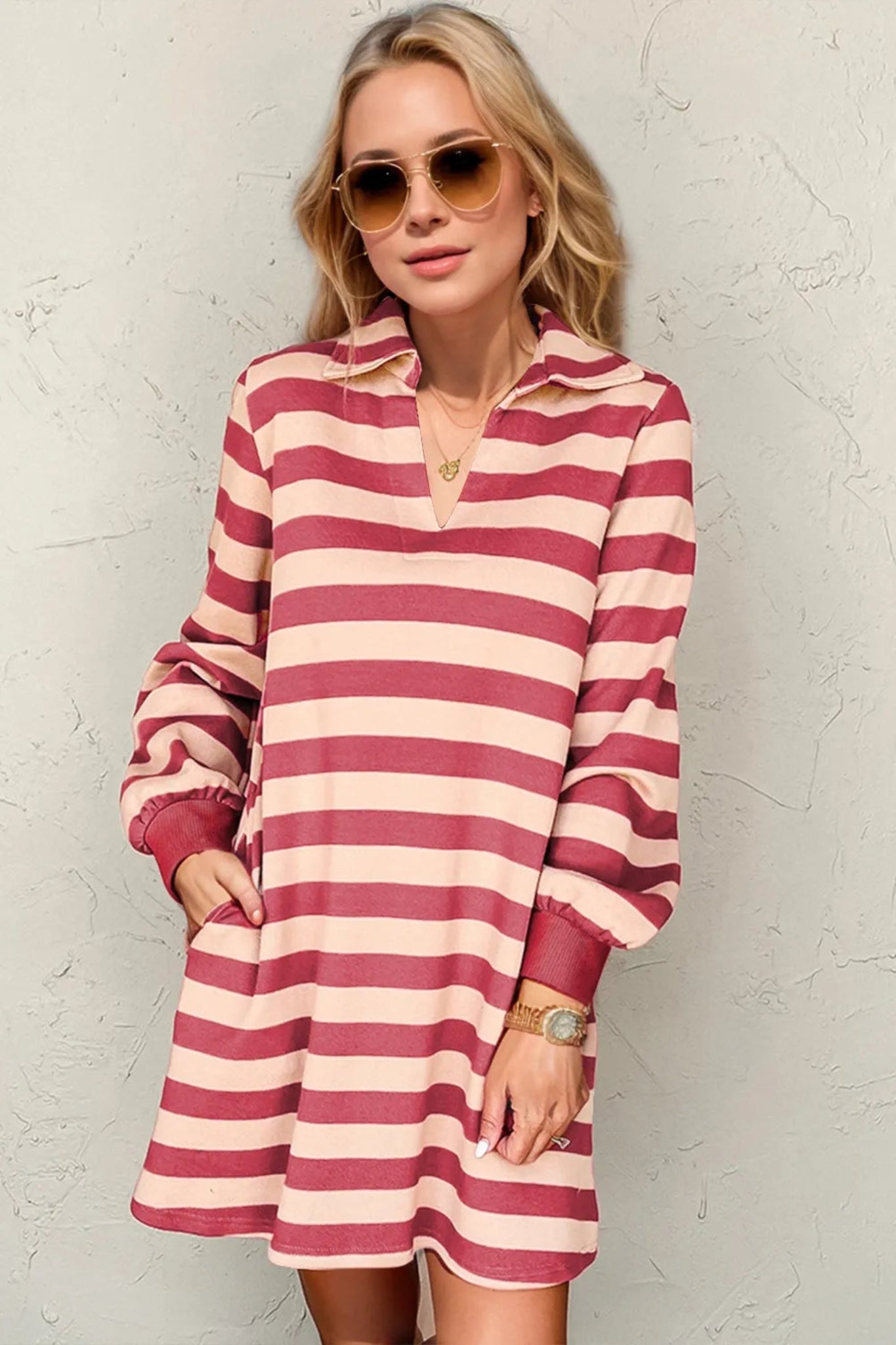 Mauve and cream striped mini dress with collared V-neck, long sleeves, relaxed fit, and soft lightweight fabric for casual everyday wear