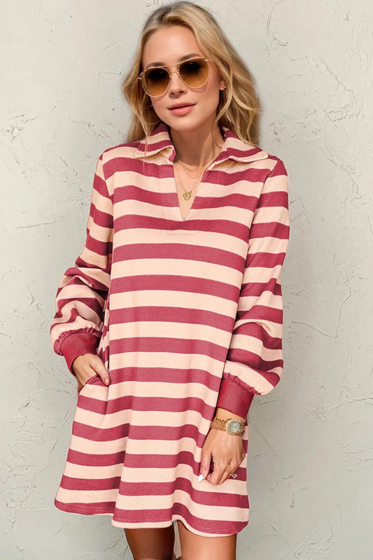 Mauve and cream striped mini dress with collared V-neck, long sleeves, relaxed fit, and soft lightweight fabric for casual everyday wear