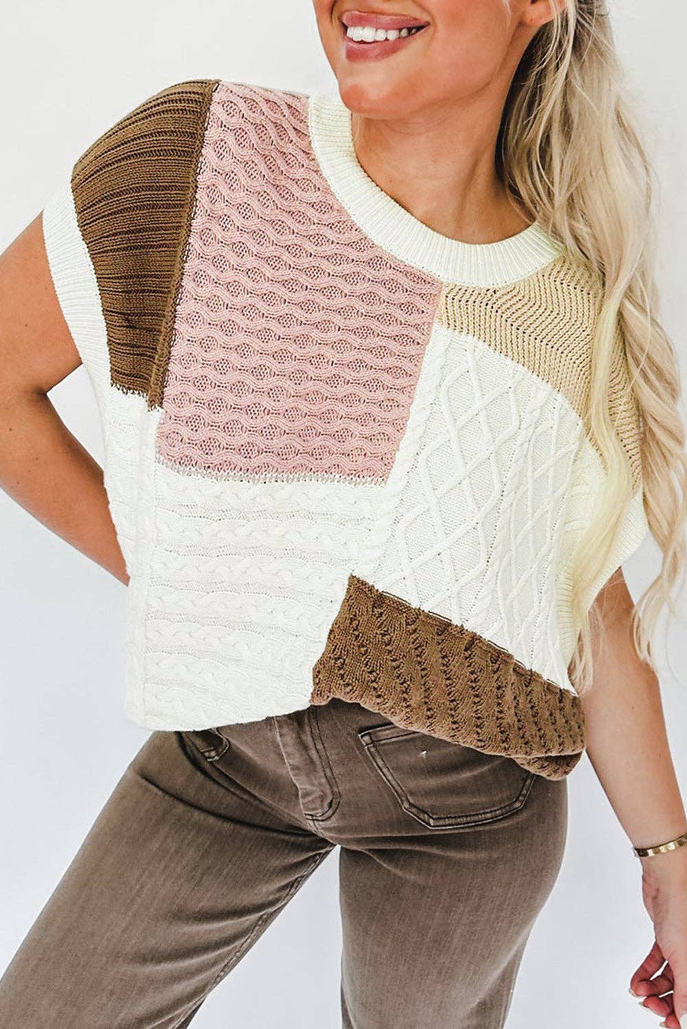 Color-block Mix Textured Sweater Tee - The Vintage Turquoise - Western Fashion - Women's Clothing
