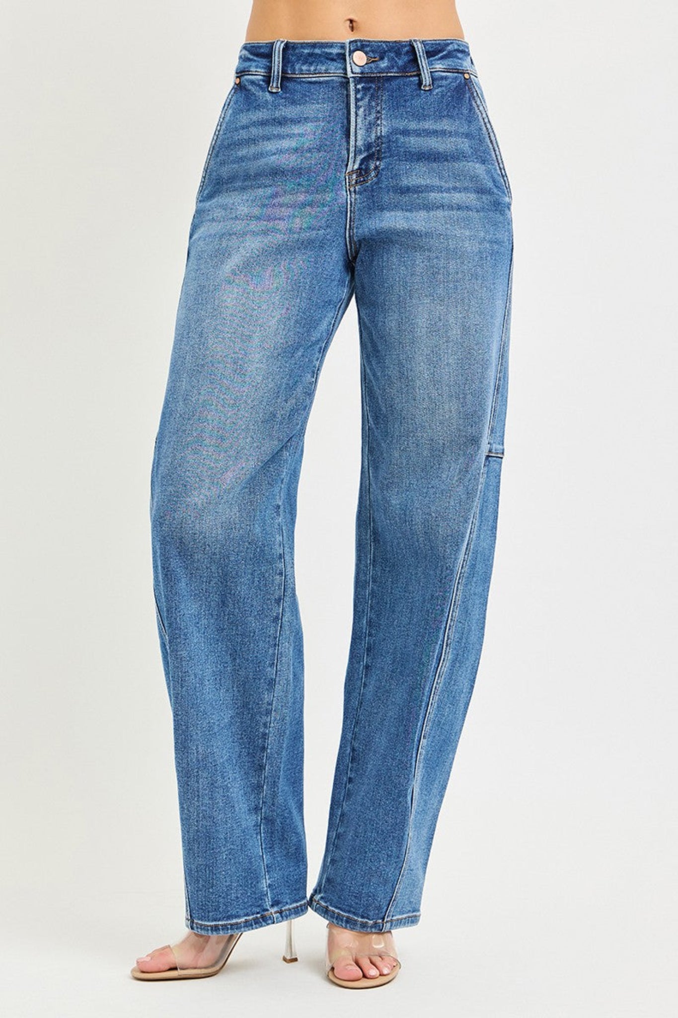 RISEN slouchy baggy jeans in medium wash denim with relaxed oversized fit, casual wide leg silhouette, and comfortable everyday style. Trendy boutique denim perfect for laid-back outfits and effortless street-style looks.