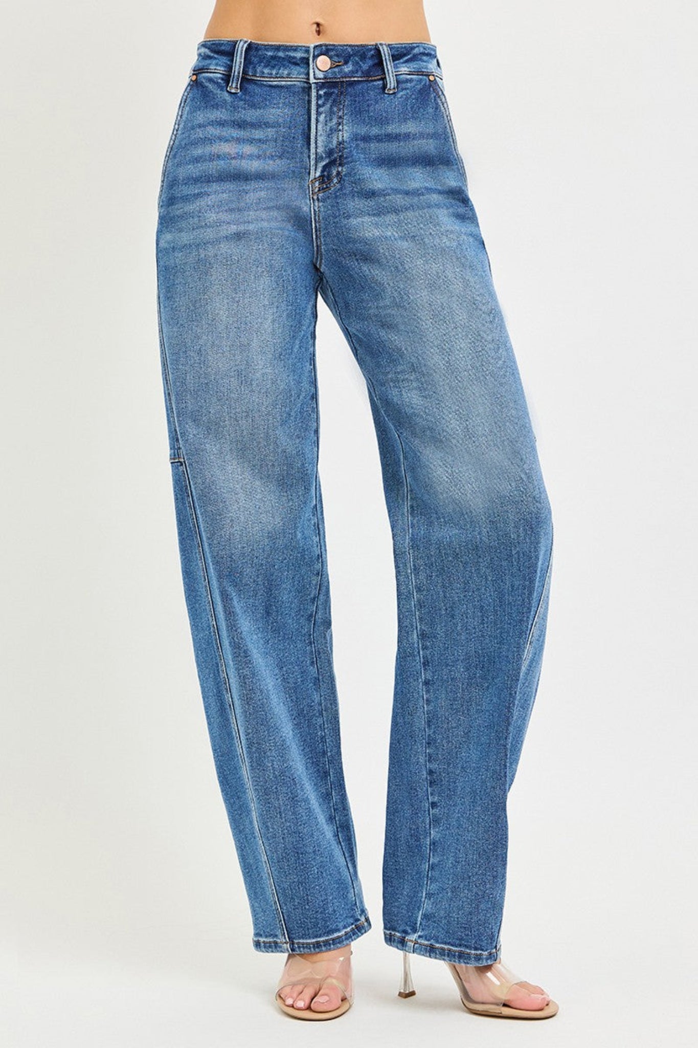 RISEN slouchy baggy jeans in medium wash denim with relaxed oversized fit, casual wide leg silhouette, and comfortable everyday style. Trendy boutique denim perfect for laid-back outfits and effortless street-style looks.