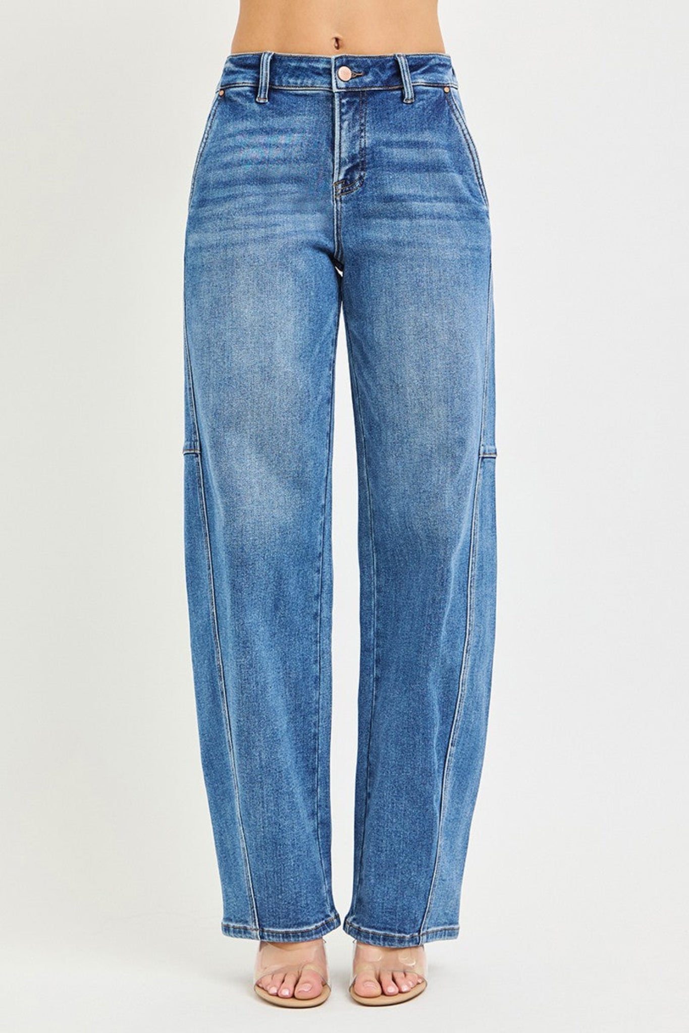 RISEN slouchy baggy jeans in medium wash denim with relaxed oversized fit, casual wide leg silhouette, and comfortable everyday style. Trendy boutique denim perfect for laid-back outfits and effortless street-style looks.