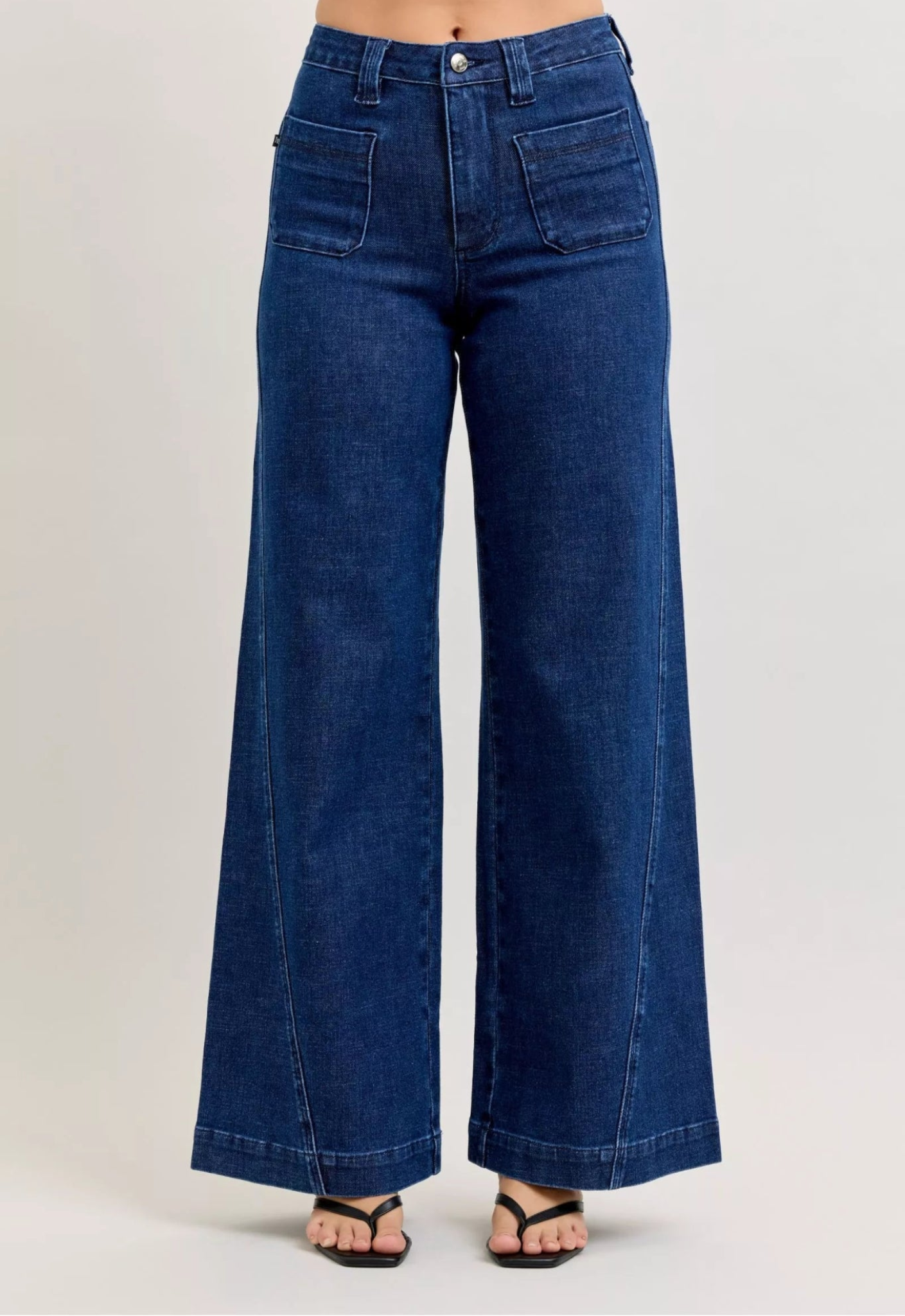 Women’s high rise dark wash wide leg jeans with front patch pockets and comfort stretch denim