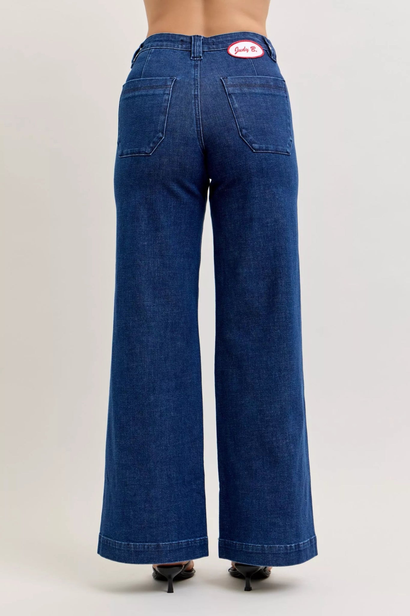 Women’s high rise dark wash wide leg jeans with front patch pockets and comfort stretch denim