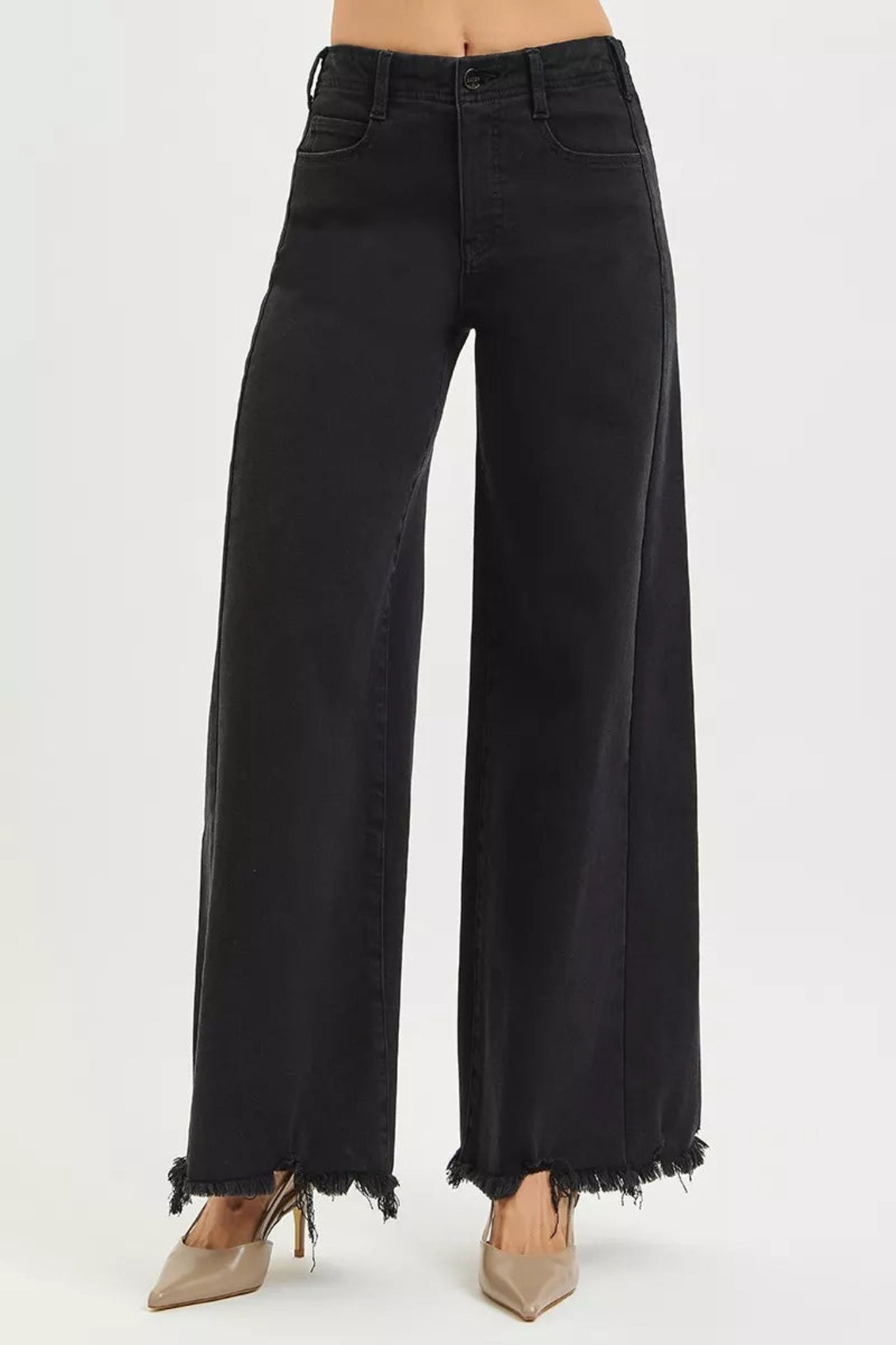 High waisted black wide leg denim jeans with raw edge hem and full length cut