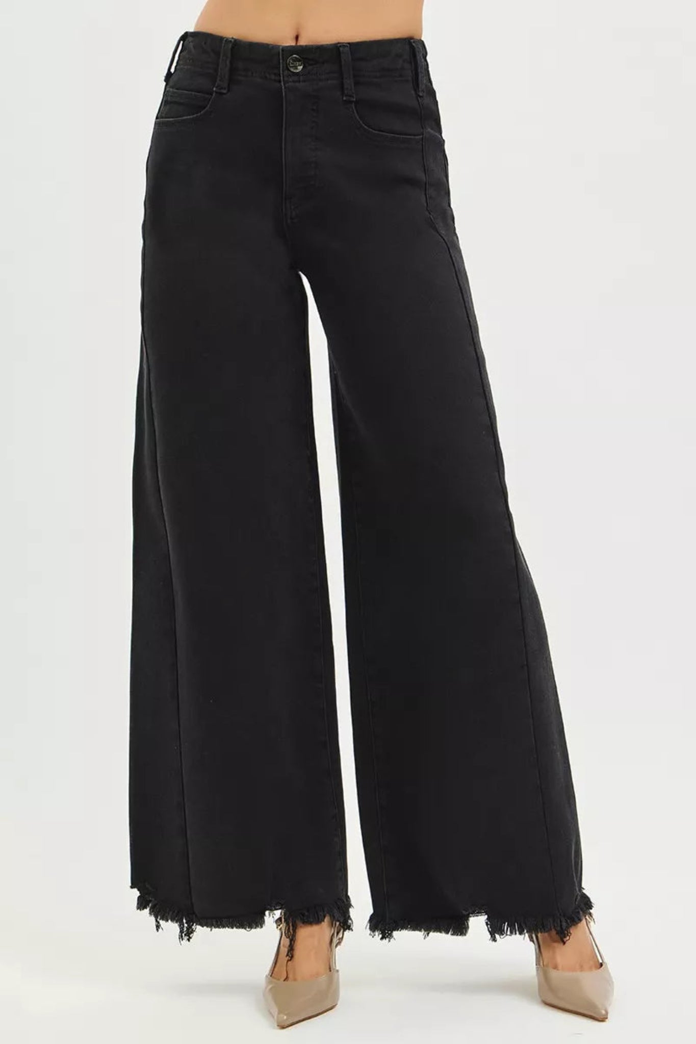High waisted black wide leg denim jeans with raw edge hem and full length cut