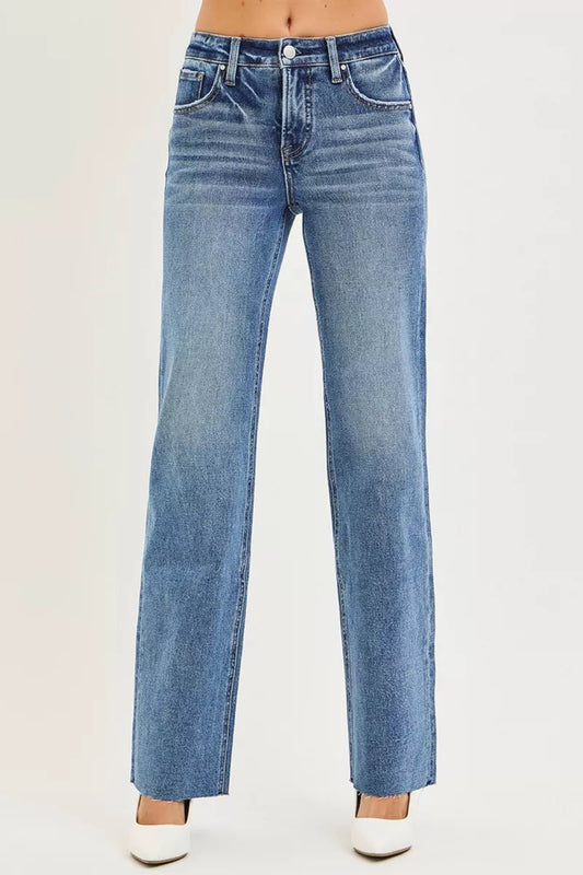 High waisted straight leg blue denim jeans with classic wash and structured fit