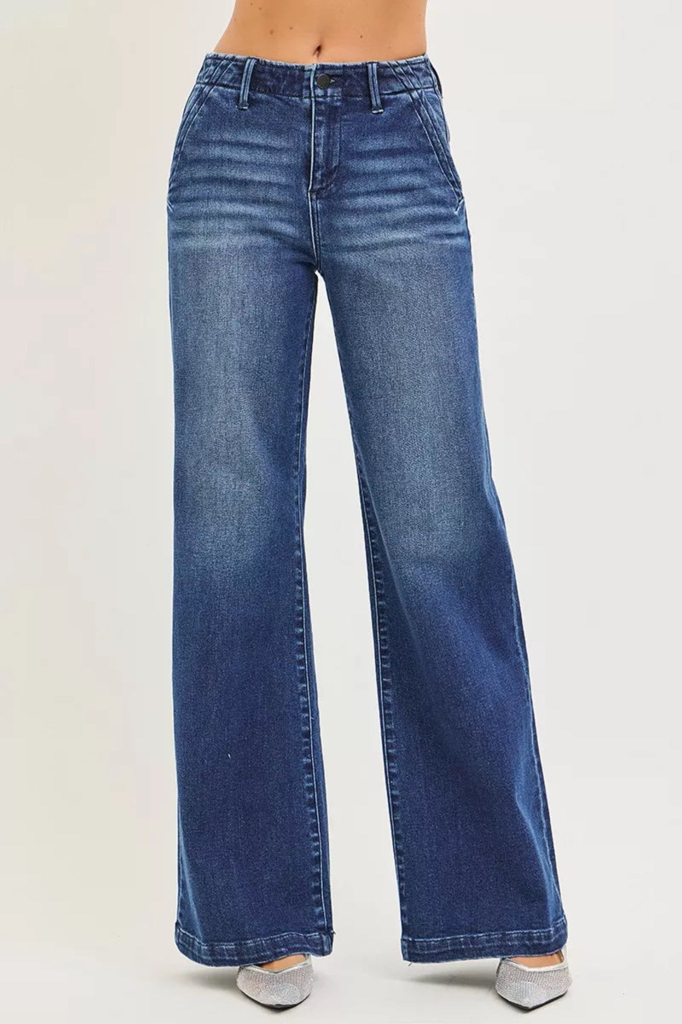 Boutique wide leg high rise blue denim jeans with straight leg fit and full length cut