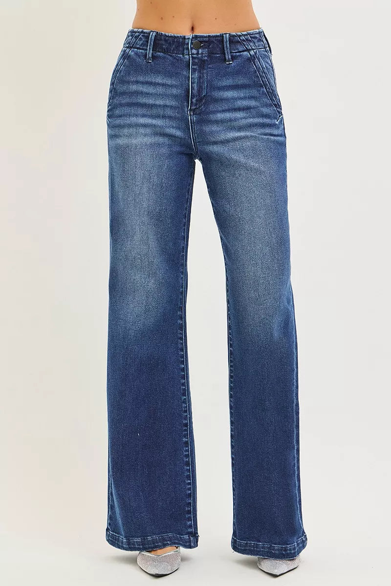 Boutique wide leg high rise blue denim jeans with straight leg fit and full length cut