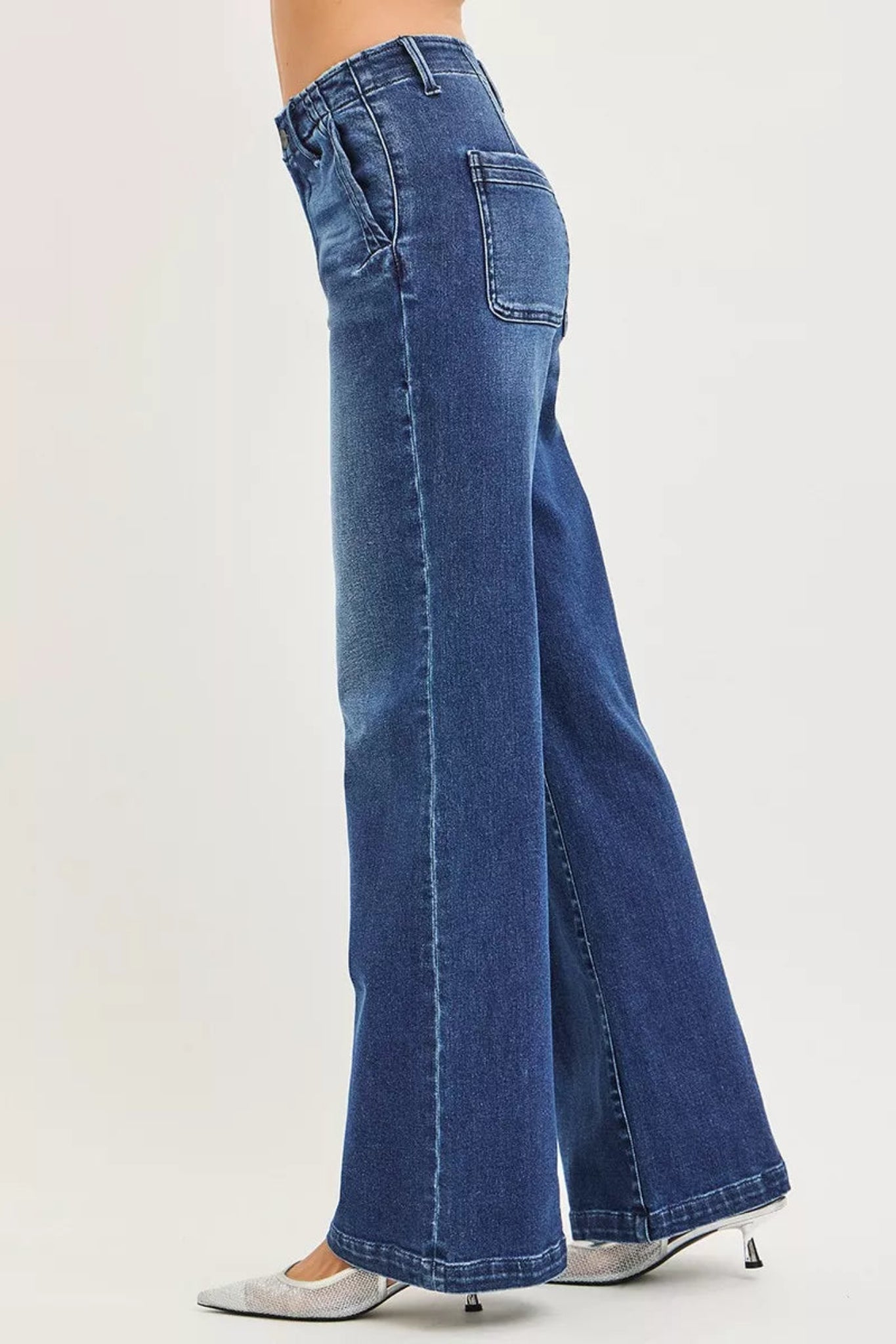 Boutique wide leg high rise blue denim jeans with straight leg fit and full length cut