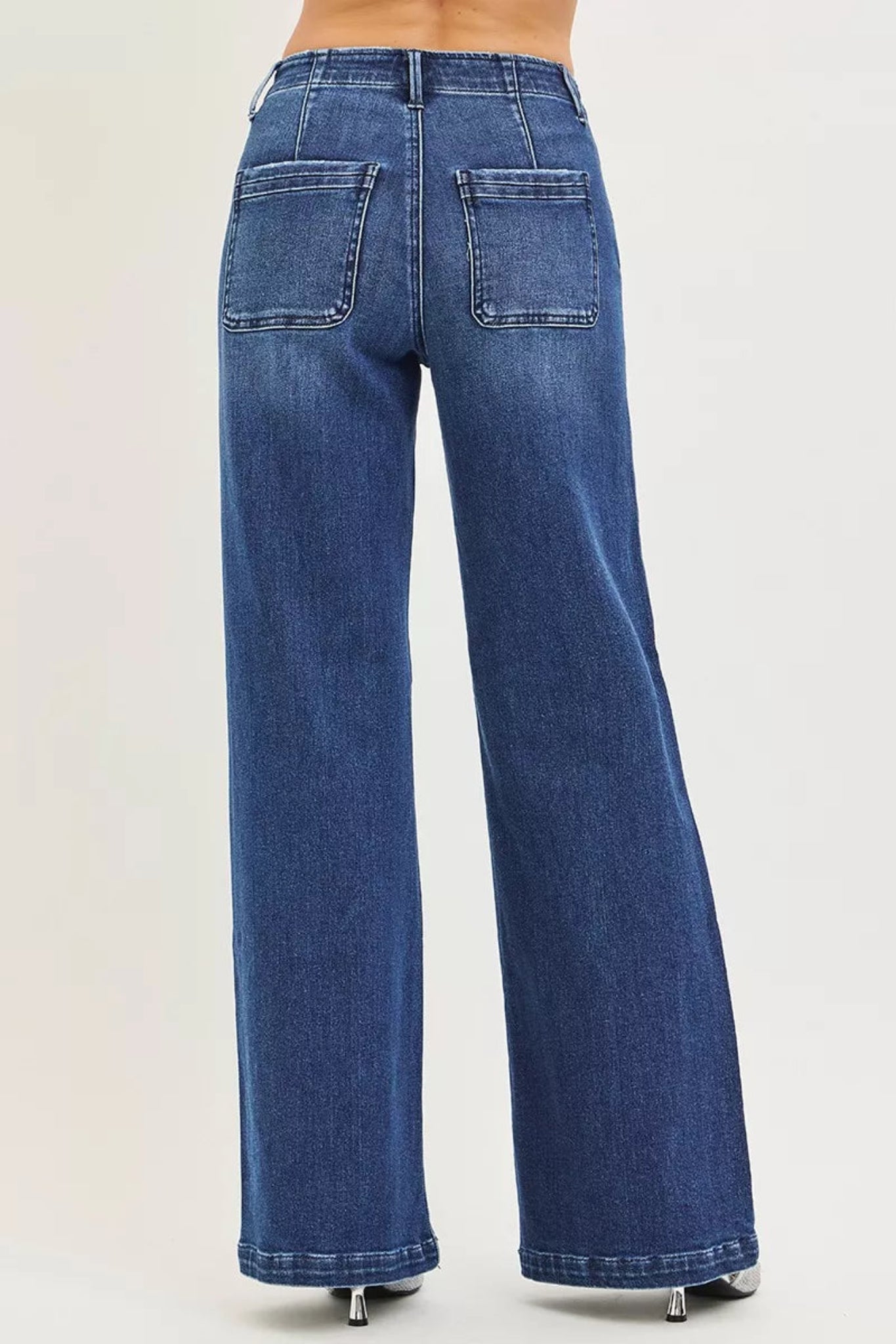Boutique wide leg high rise blue denim jeans with straight leg fit and full length cut