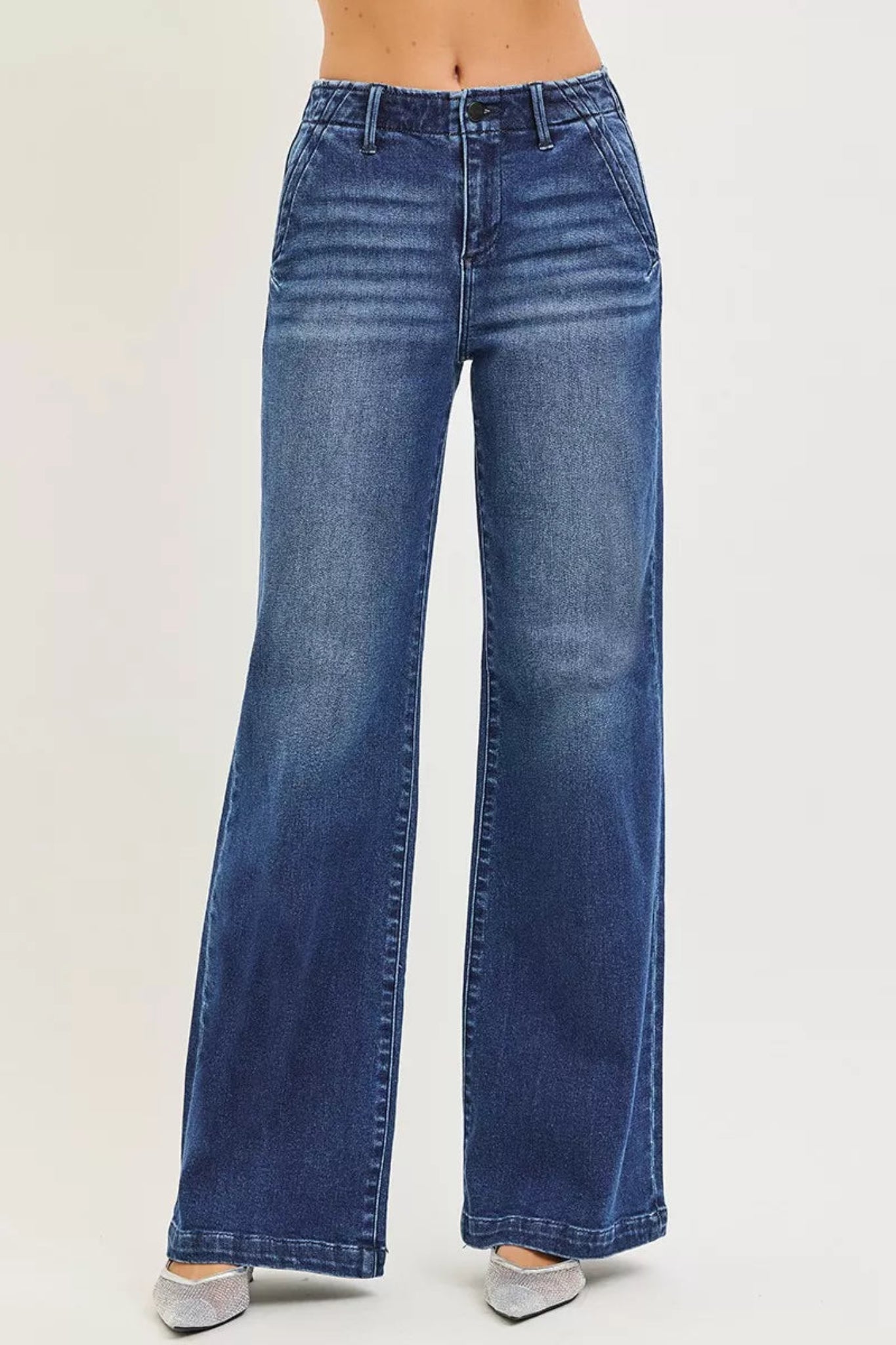 Boutique wide leg high rise blue denim jeans with straight leg fit and full length cut
