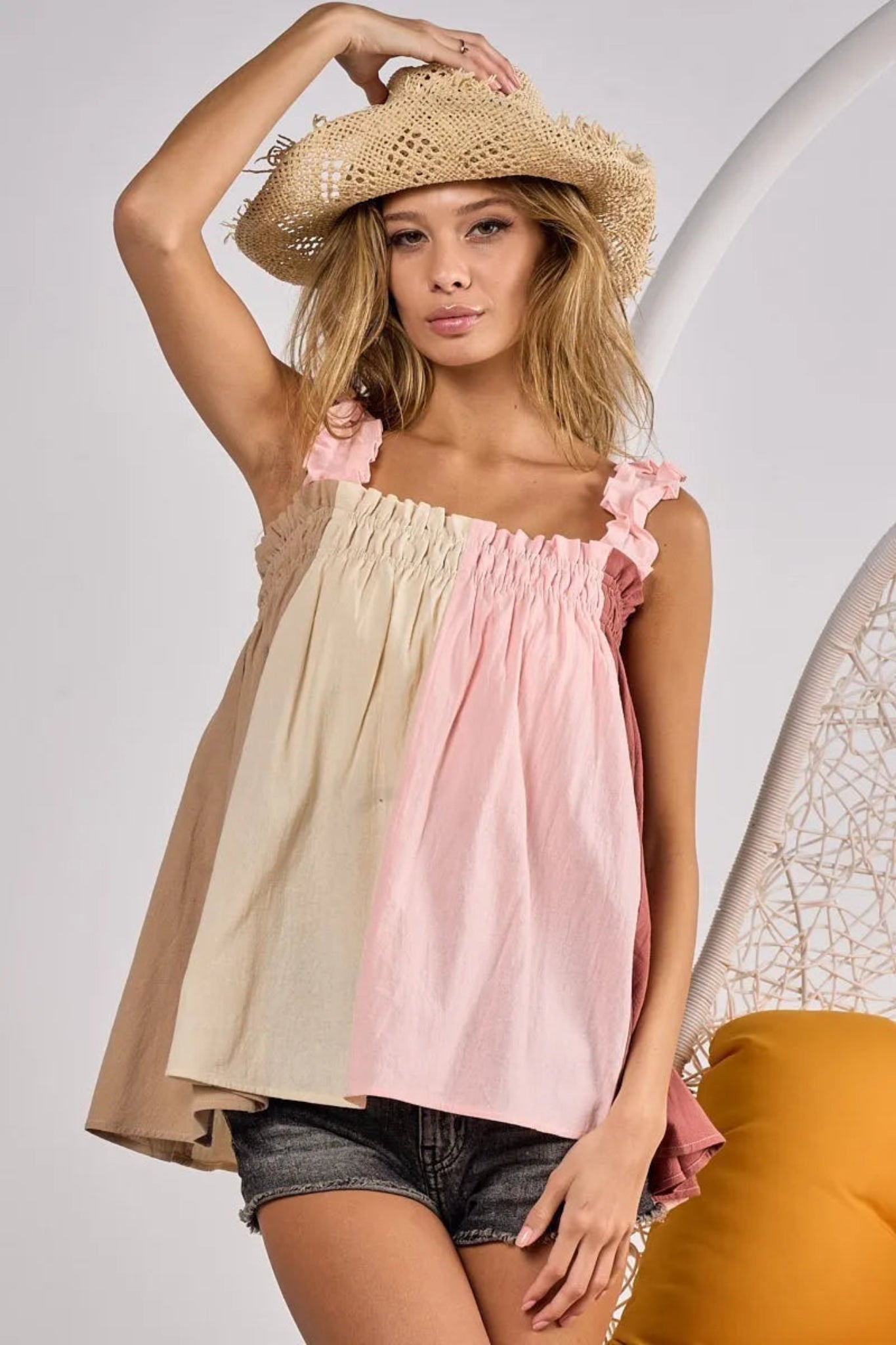 BiBi frill shoulder strap color block top with feminine ruffle strap detail, soft lightweight fabric, and stylish contrast bodice design. Trendy boutique tank top perfect for layering, casual everyday outfits, and warm weather styling.