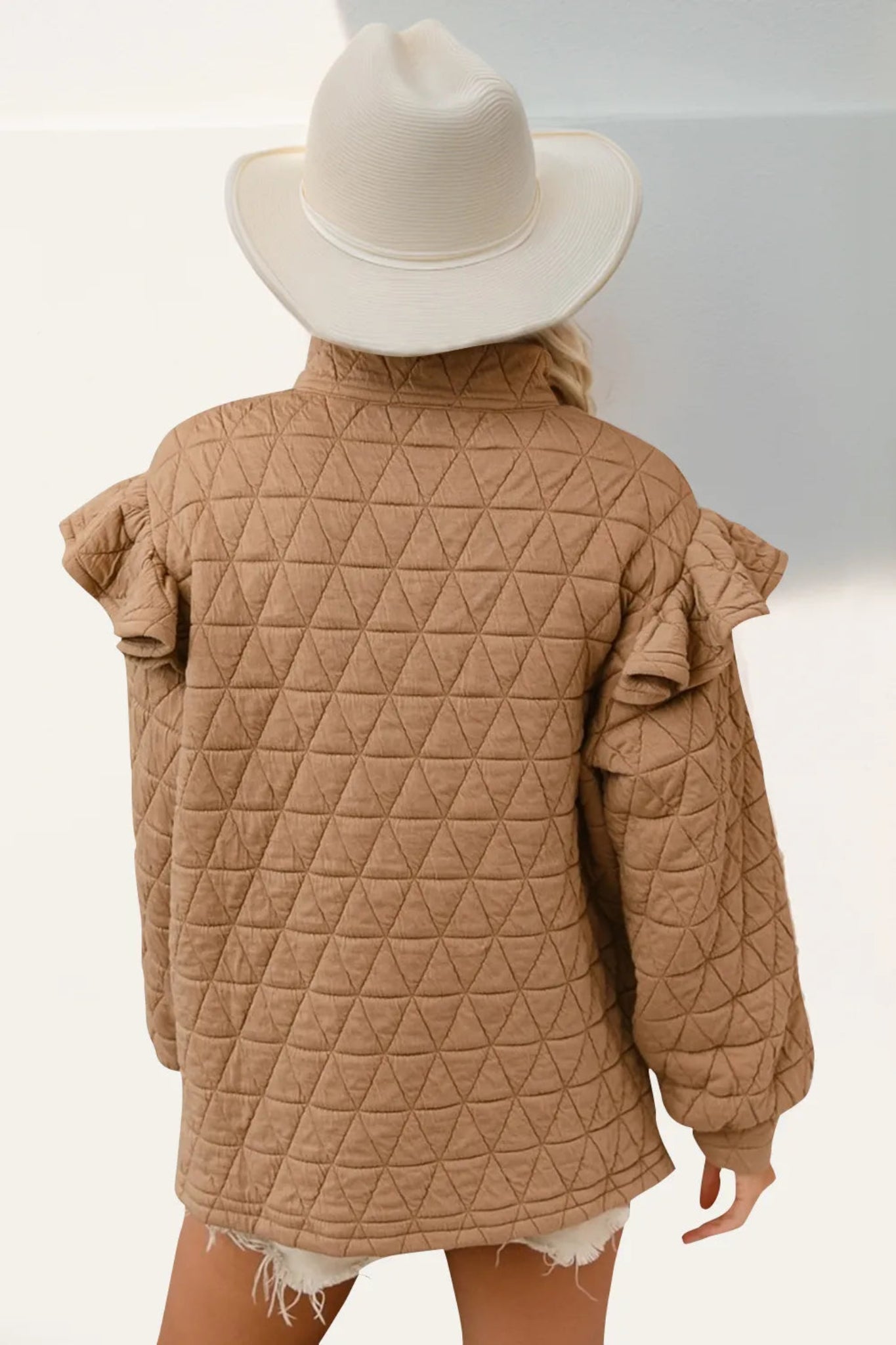 Mocha quilted ruffle shoulder half zip pullover with relaxed fit and long sleeves