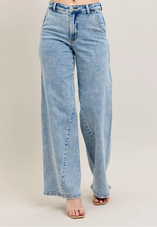 Judy Blue high waist light wash wide leg jeans with skewed inseam and relaxed fit